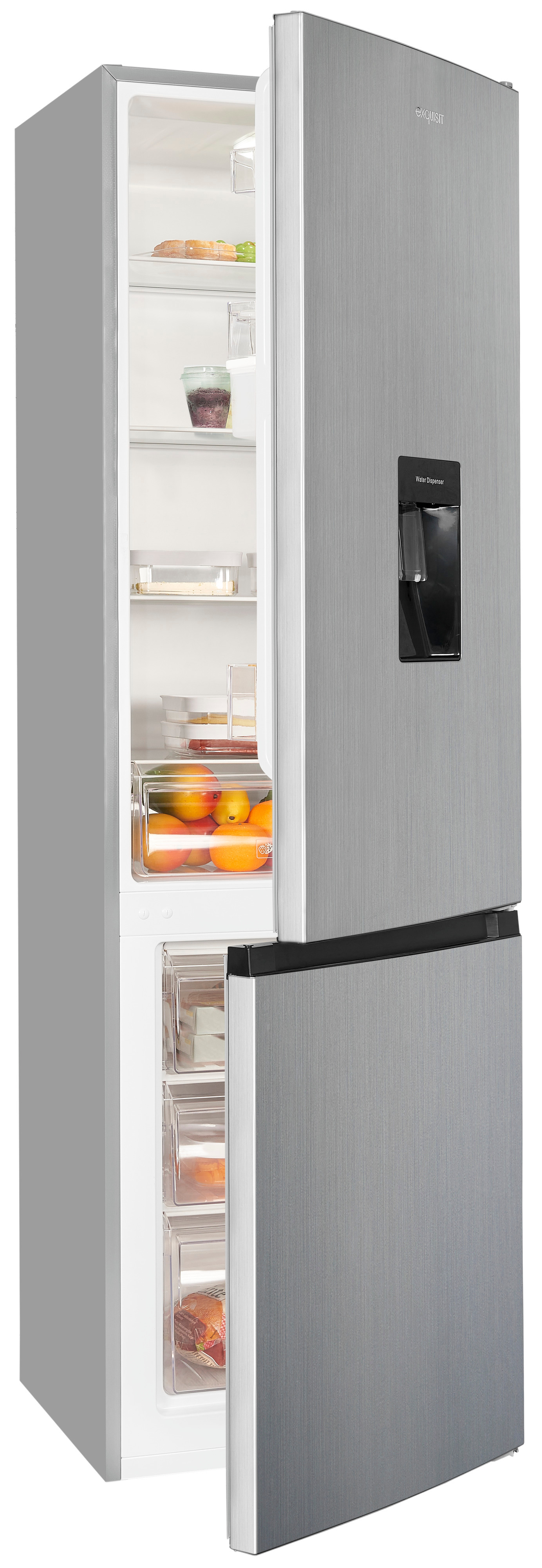 Un refrigerador de acero inoxidable con las puertas abiertas, mostrando estantes con alimentos.