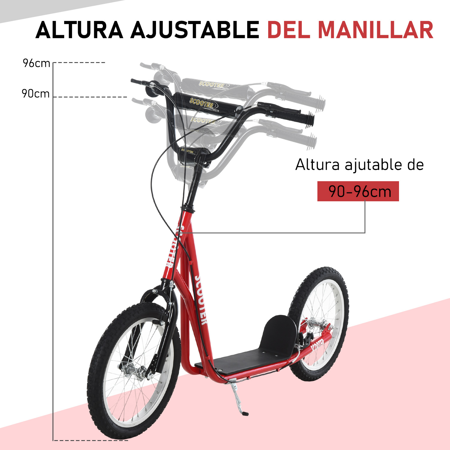 Un patinete rojo con manillar negro, altura ajustable y reposapiés negro sobre fondo blanco.