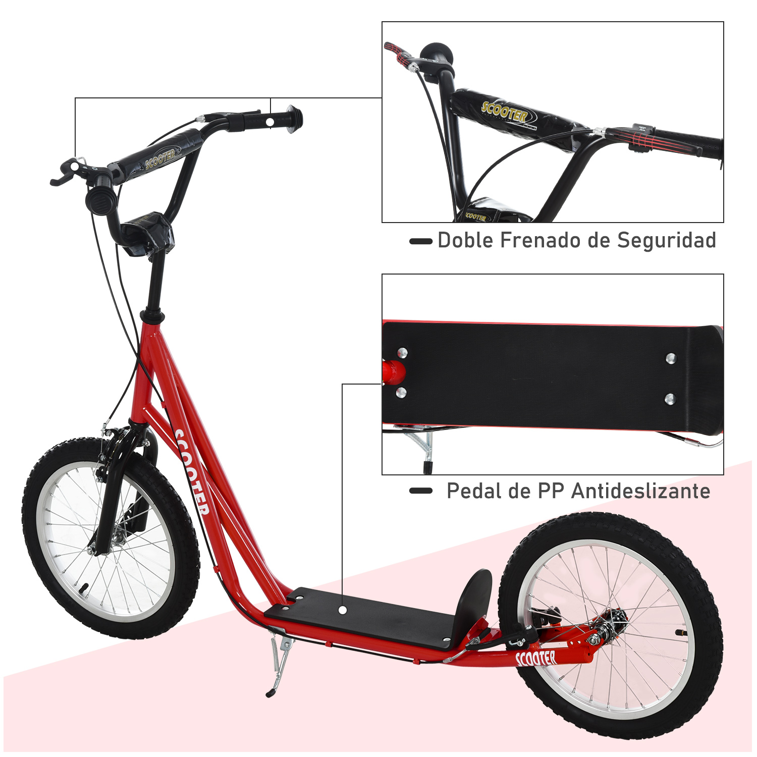 Un patinete rojo, con una plataforma para pies negra, y primeros planos de los frenos.