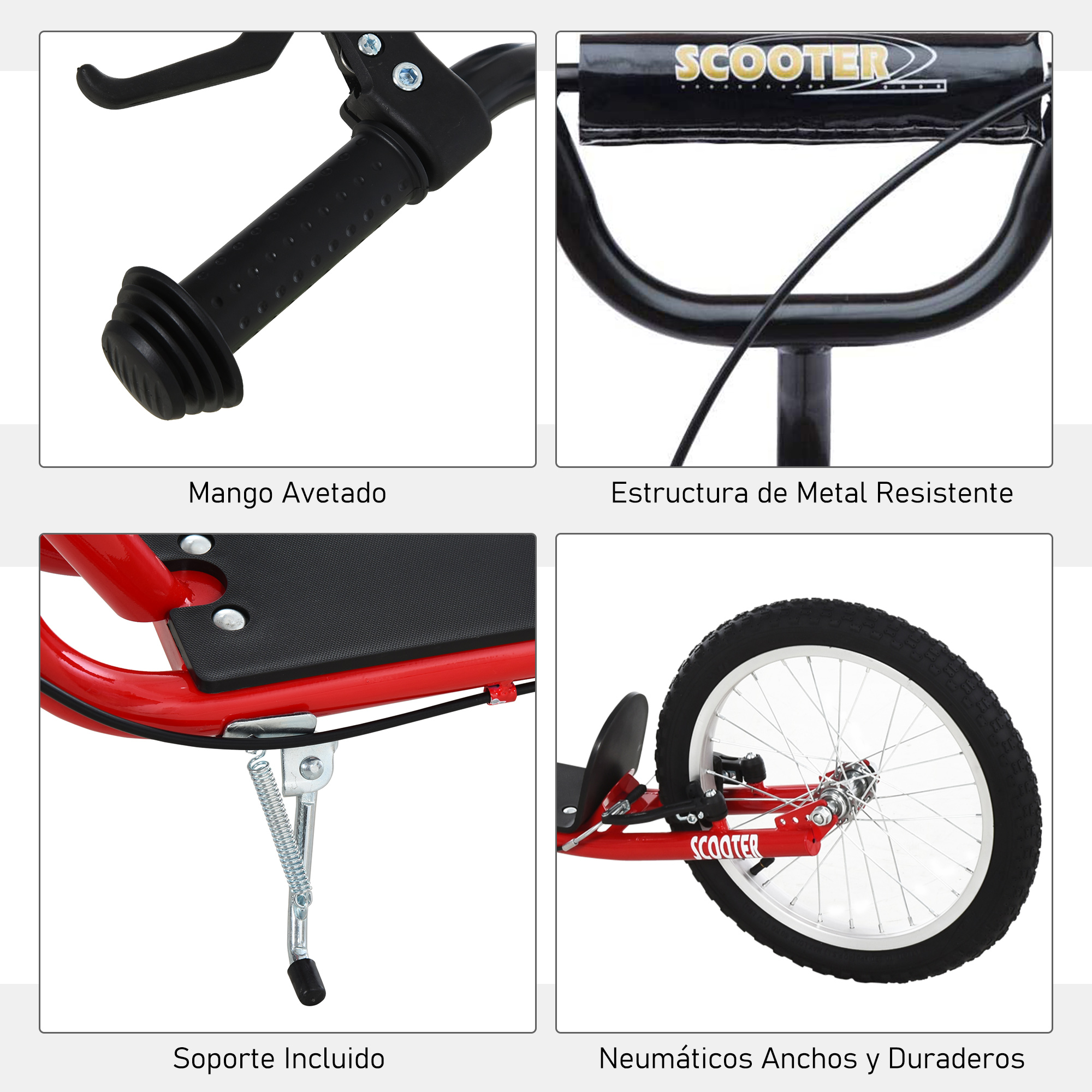 Primer plano de piezas de scooter: manillar, empuñadura, marco de metal, reposapiés y rueda.
