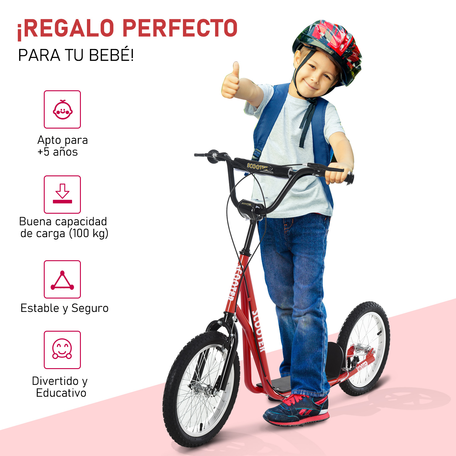Niño en patinete rojo. Texto: "Regalo perfecto". Iconos de seguridad y rango de edad.