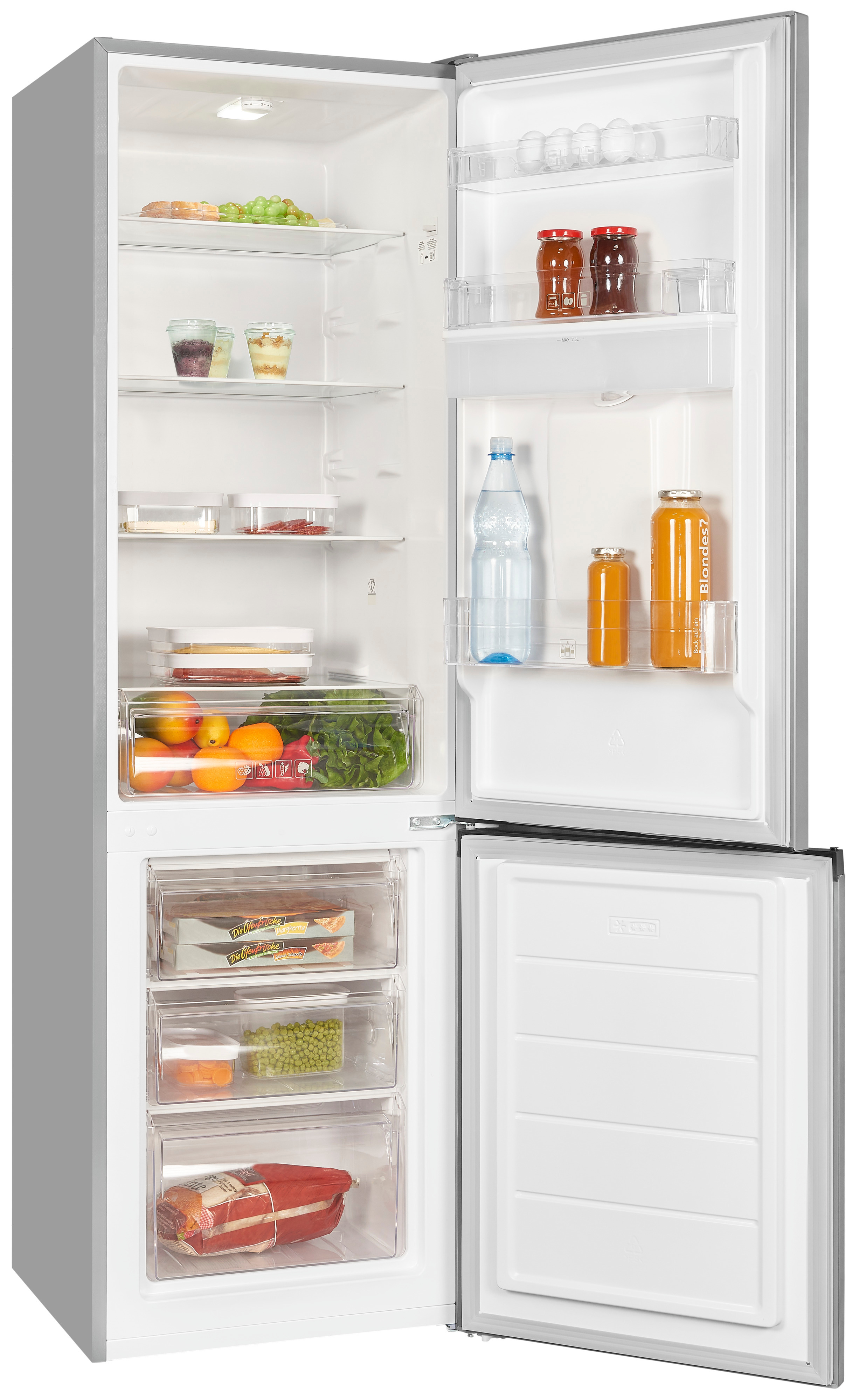Refrigerador abierto con contenido visible: estantes con comida, cajones y un compartimento congelador.