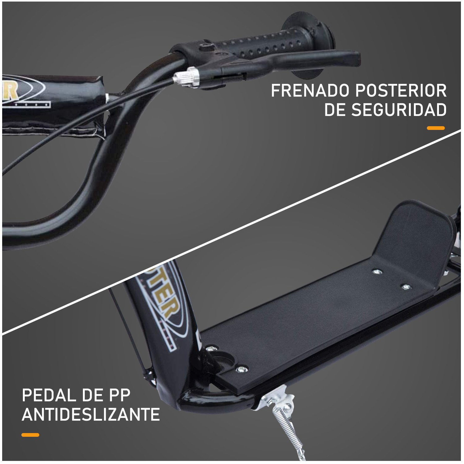 Primer plano del manillar y la plataforma de un patinete. Etiquetas de texto indican freno trasero y plataforma antideslizante.