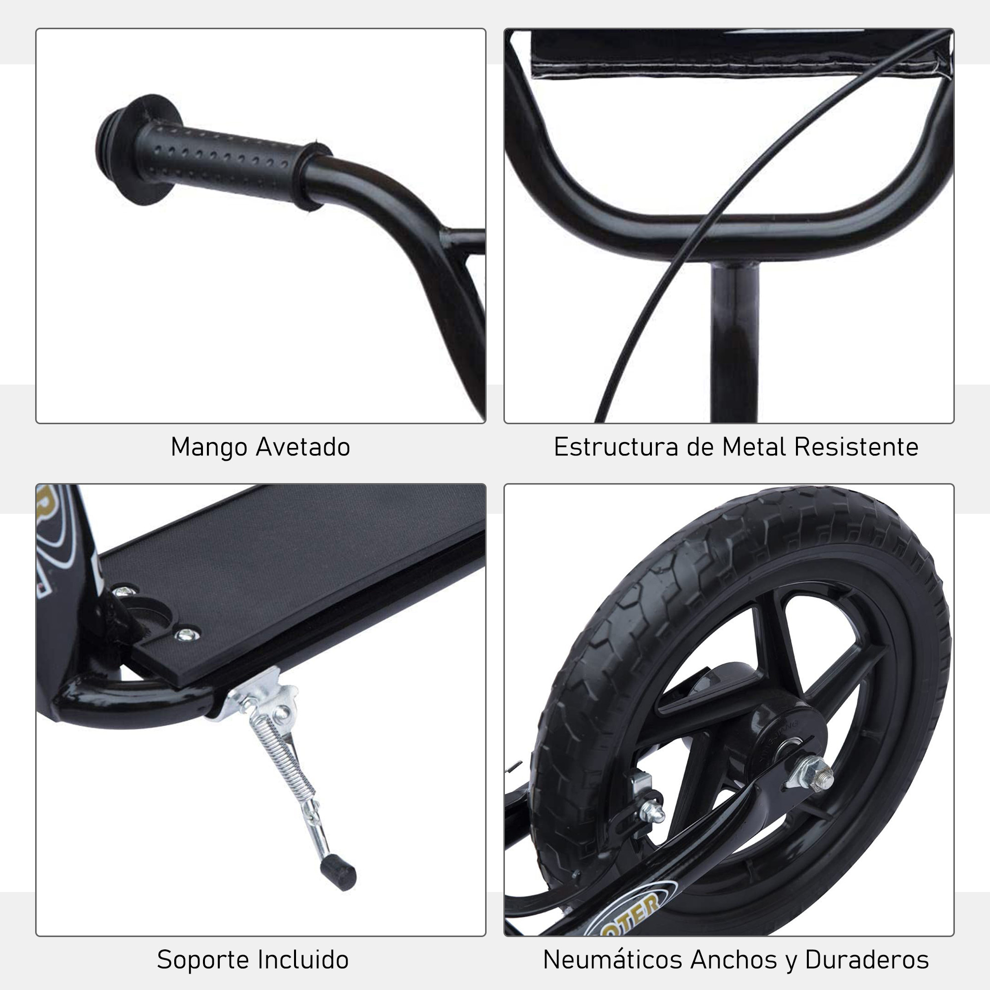 Cuatro imágenes detalladas de primer plano de un scooter negro y rojo, centradas en diferentes partes.
