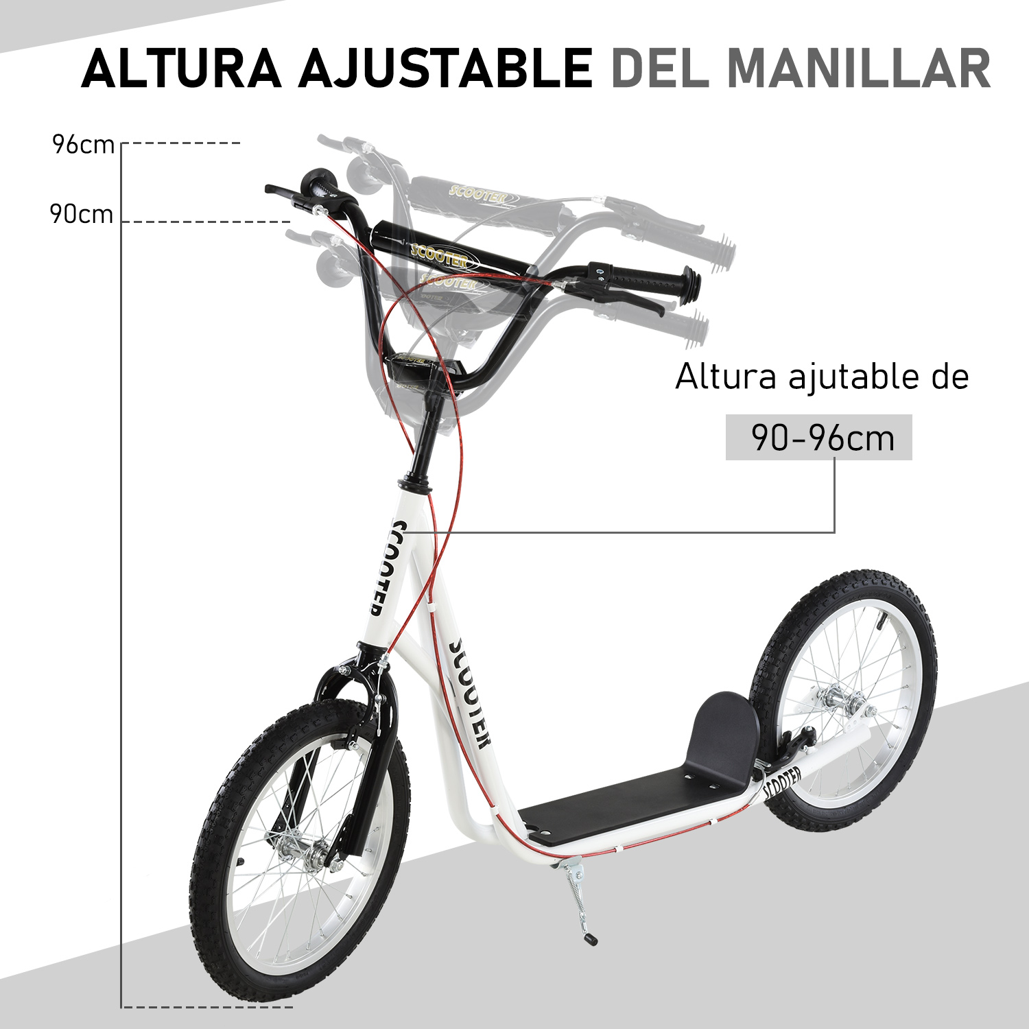 Patinete blanco con manillar ajustable, con cable rojo, sobre fondo blanco.