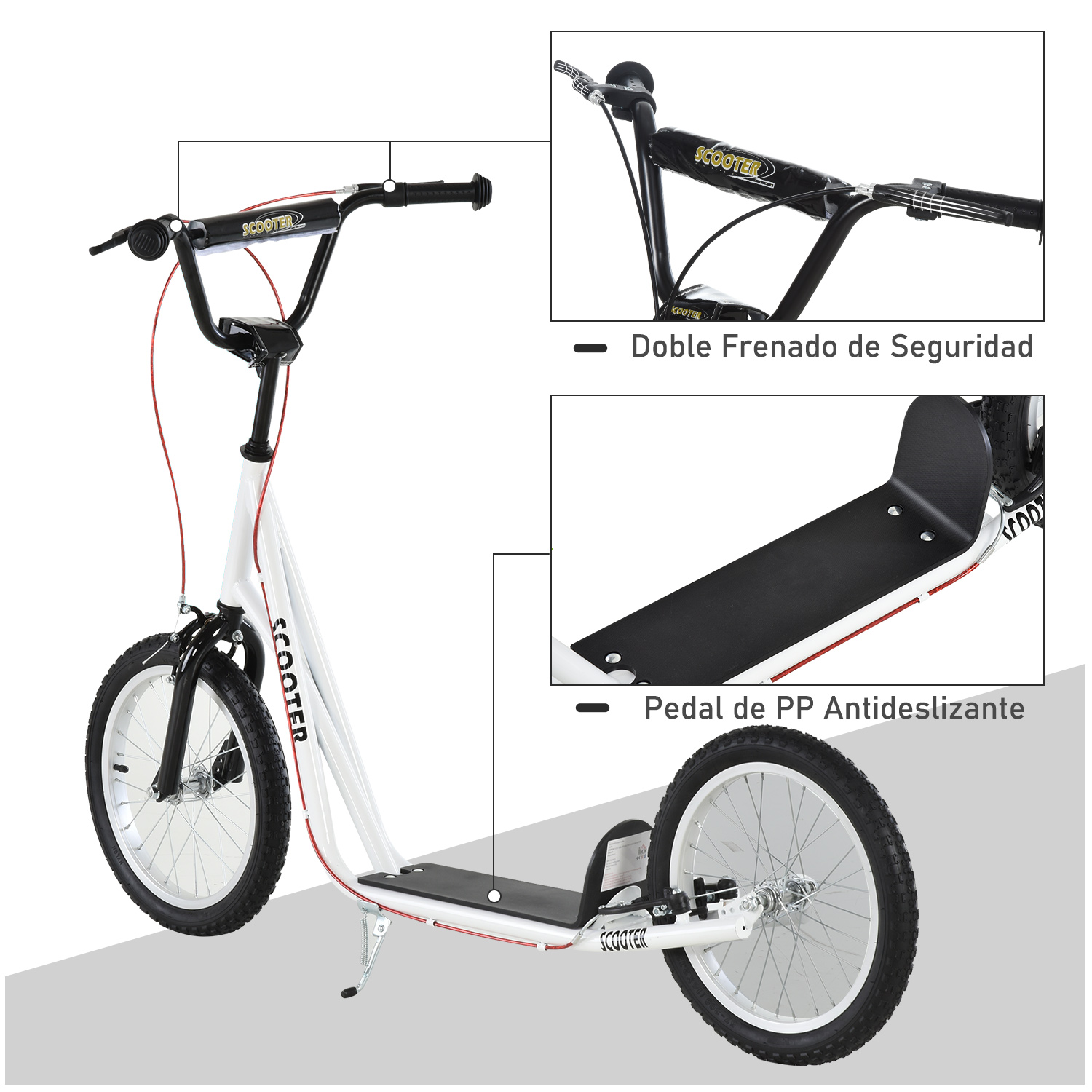 Scooter blanco con ruedas y manillar negros. Detalles muestran frenos dobles y reposapiés antideslizante.