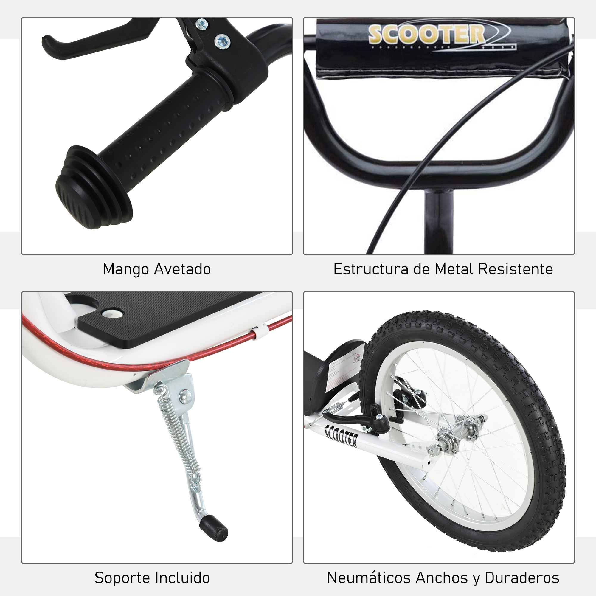 Primeros planos de partes de un scooter negro con manillar, freno y rueda. Las etiquetas de texto están en español.