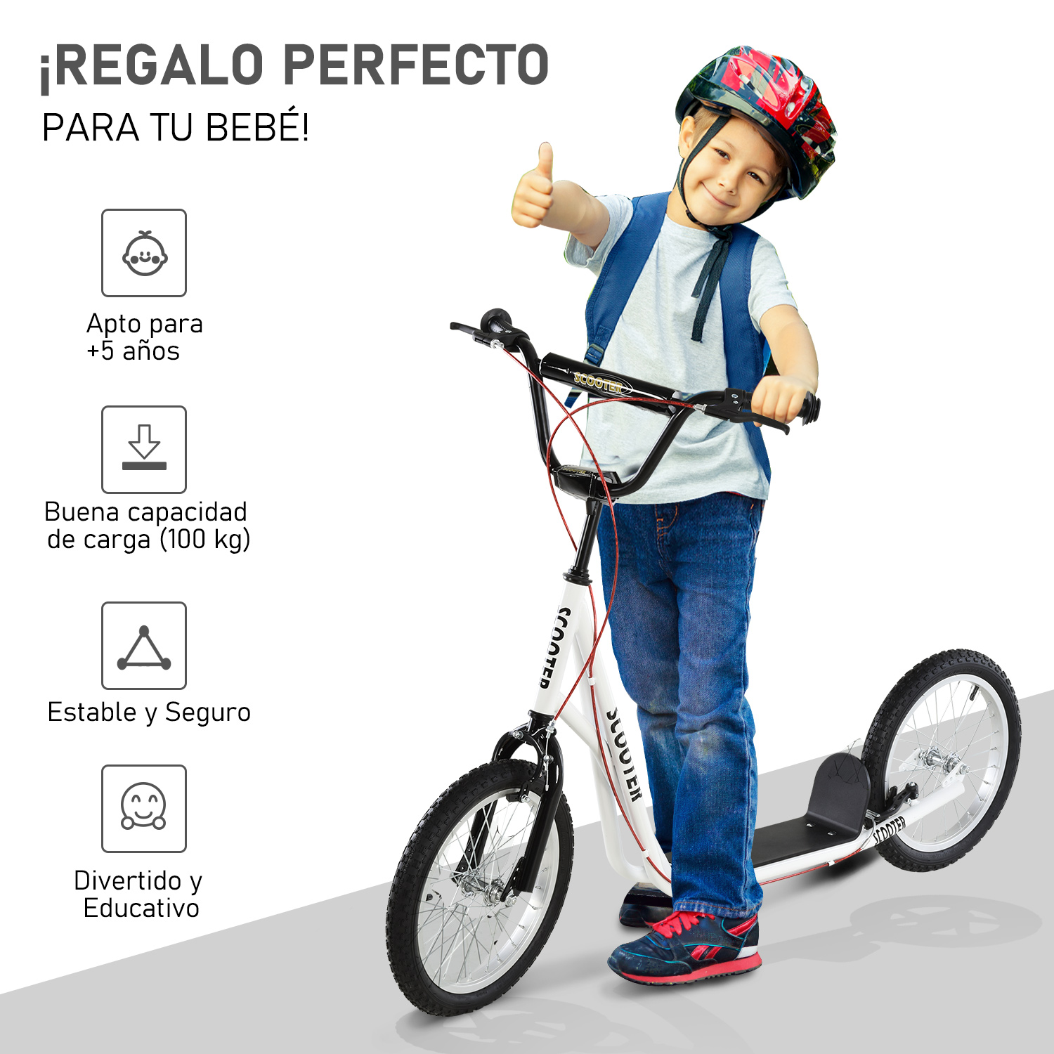 Un niño en patinete haciendo una señal de pulgar arriba, con casco.