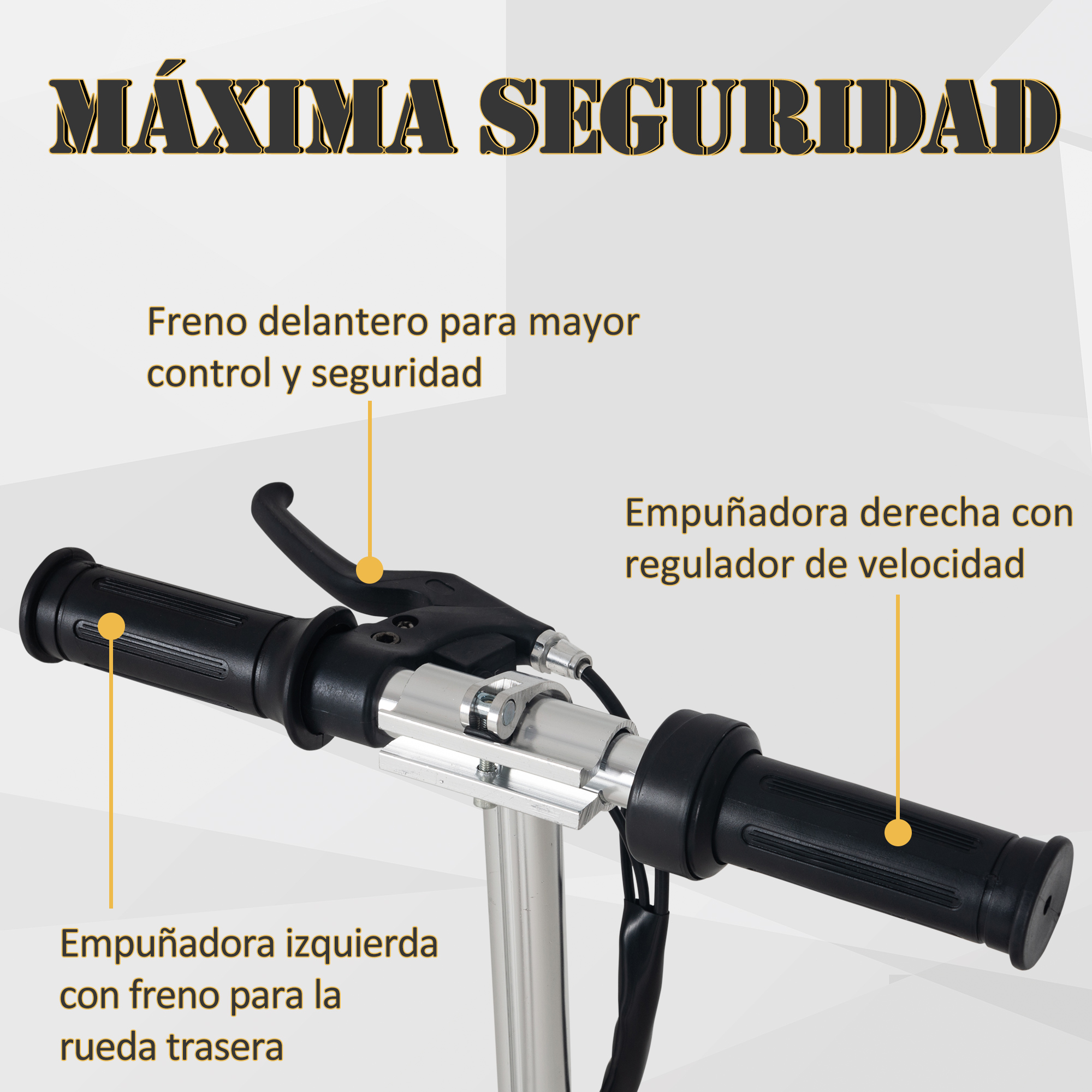 Primer plano del manillar de un scooter con etiquetas de seguridad y control de velocidad, detalles en negro y plata.