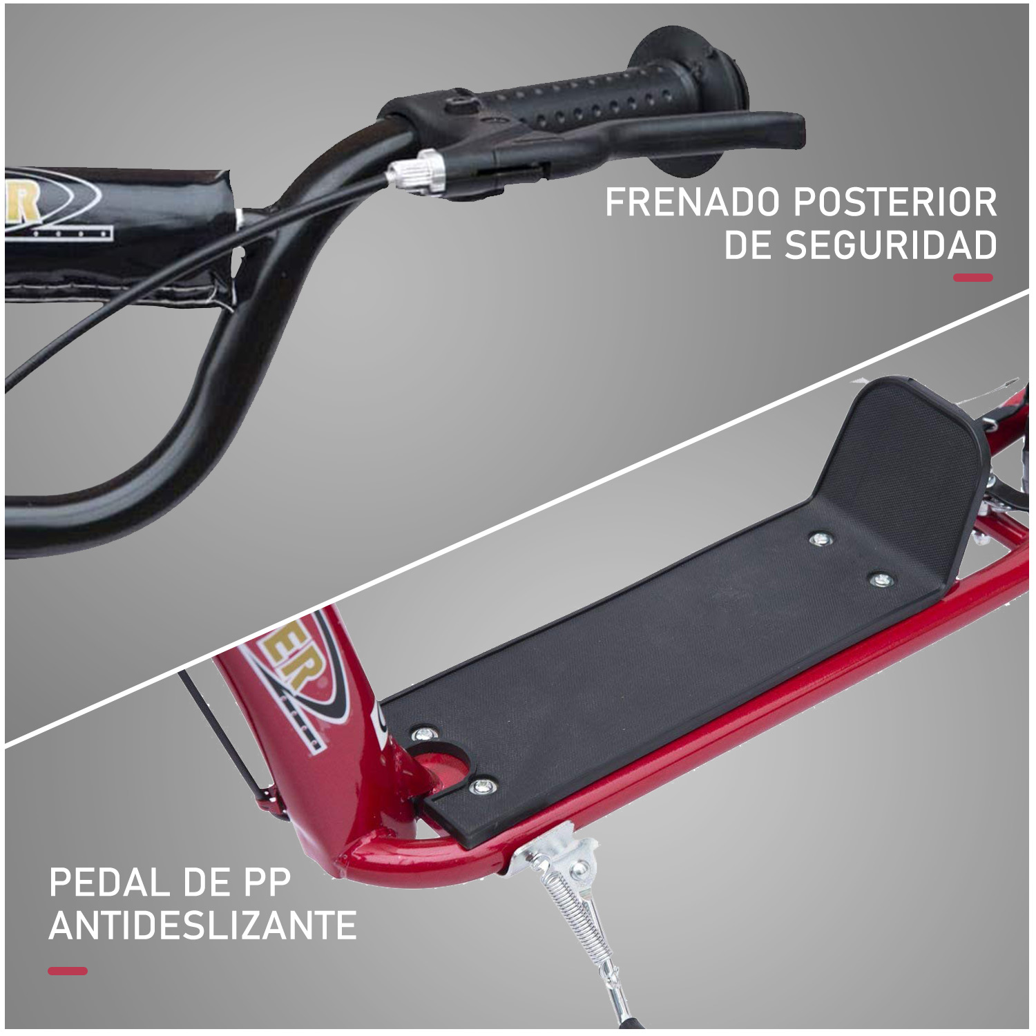 Scooter rojo y negro con manillar, reposapiés y freno de seguridad.