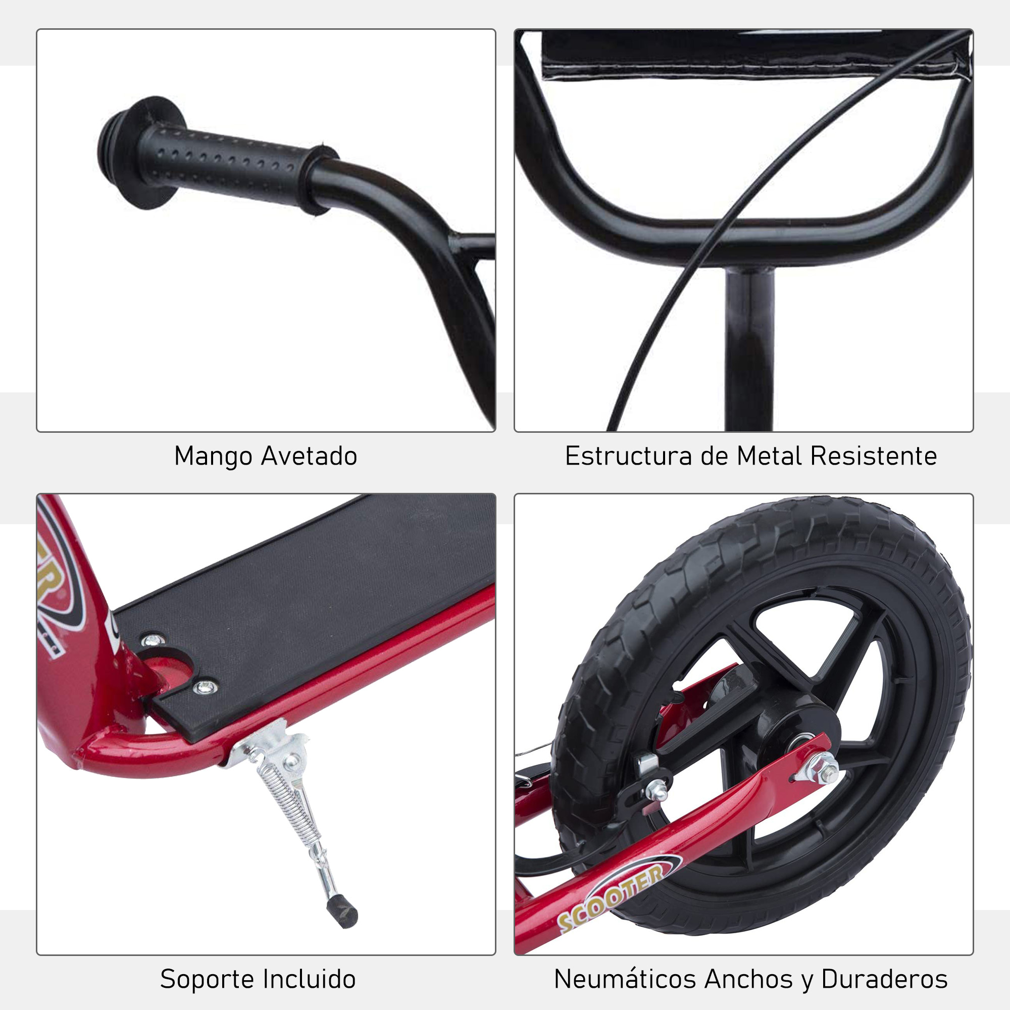 Imágenes de cerca de detalles del patinete: manillar, marco de metal, soporte para pies y ruedas.