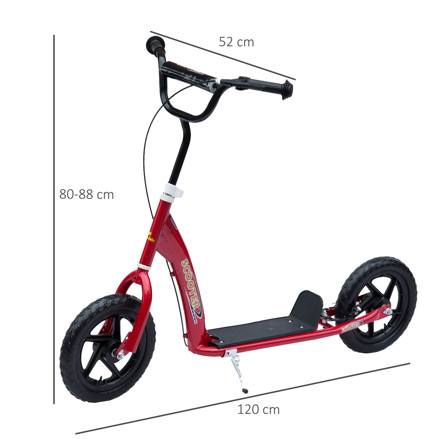 Scooter rosso con ruote nere. Ha un manubrio e si trova su sfondo bianco.