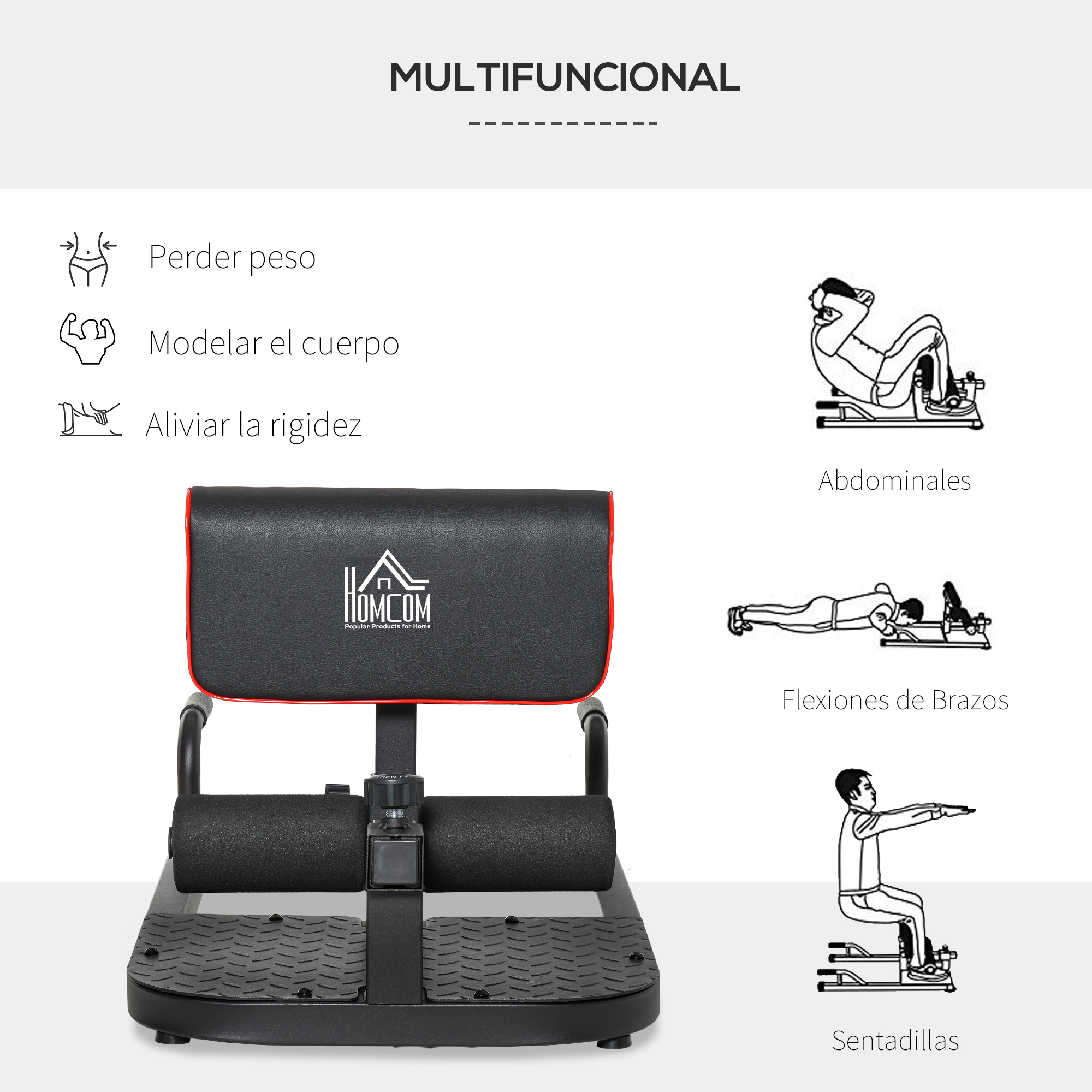 Máquina de ejercicios con varios diagramas, que ilustran ejercicios para perder peso, modelar el cuerpo y rigidez.