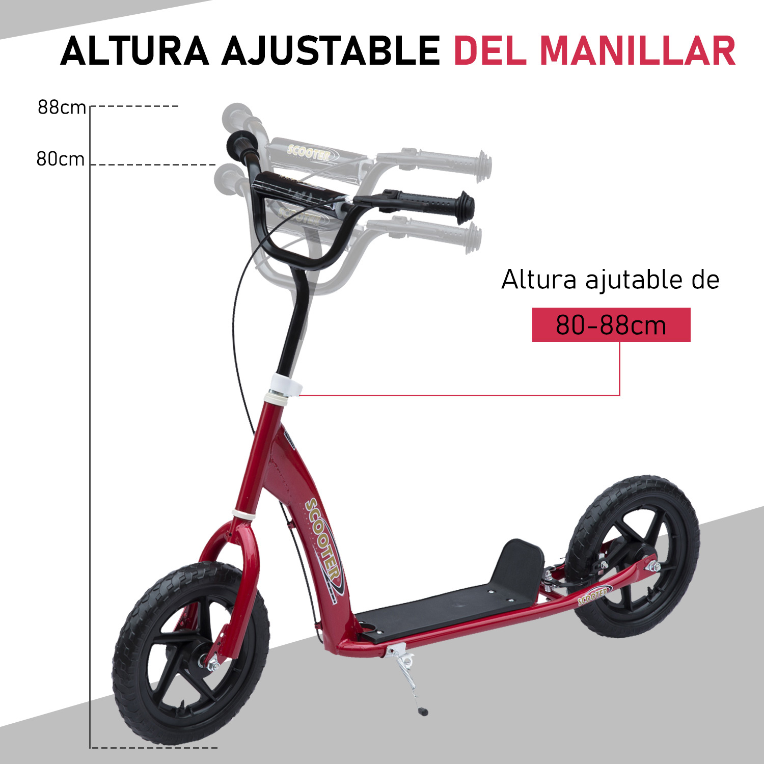 Scooter rojo con manillar ajustable. Tiene ruedas negras y reposapiés negro. La altura del manillar es de 80-88 cm.