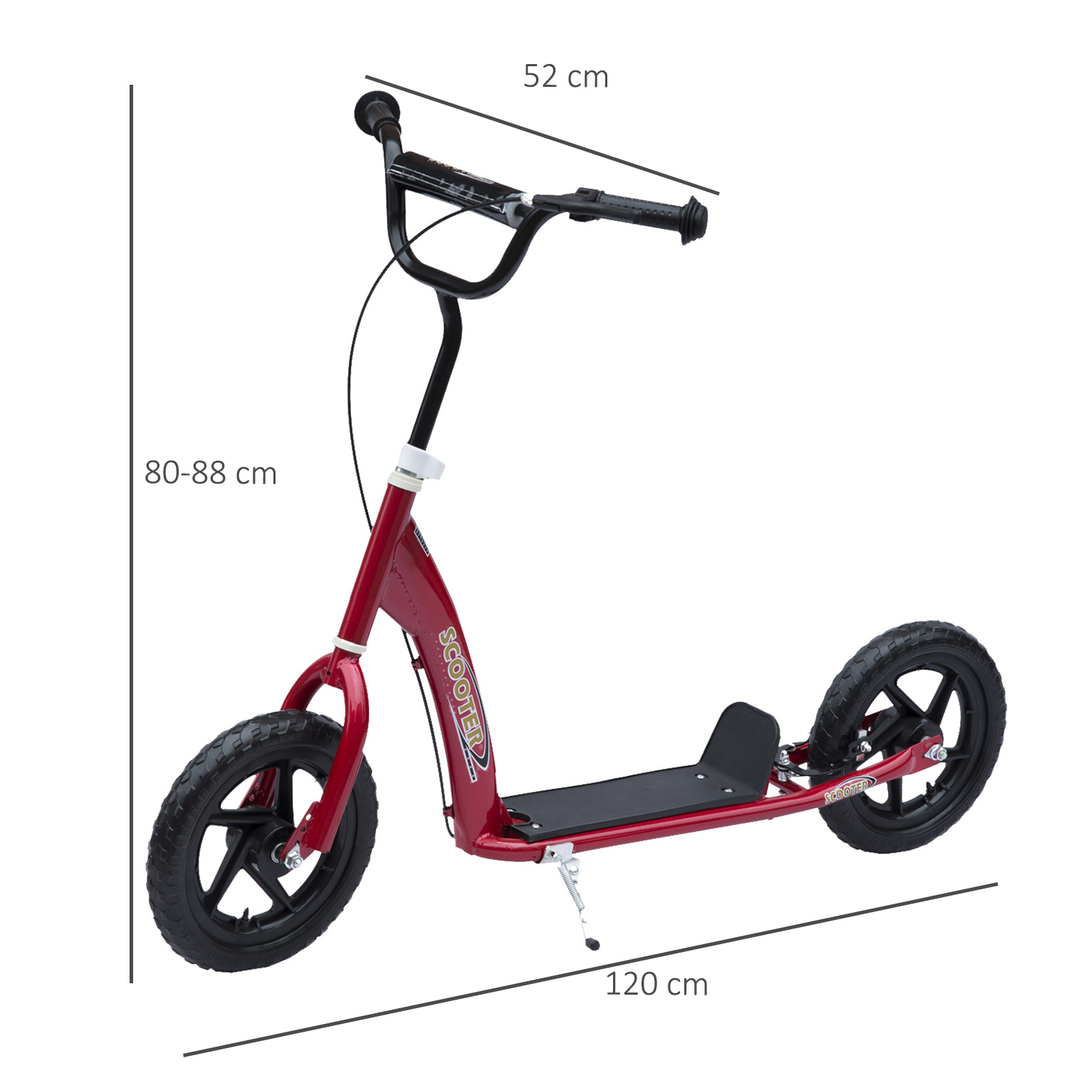 Un patinete rojo con ruedas negras, manillar y medidas en cm.