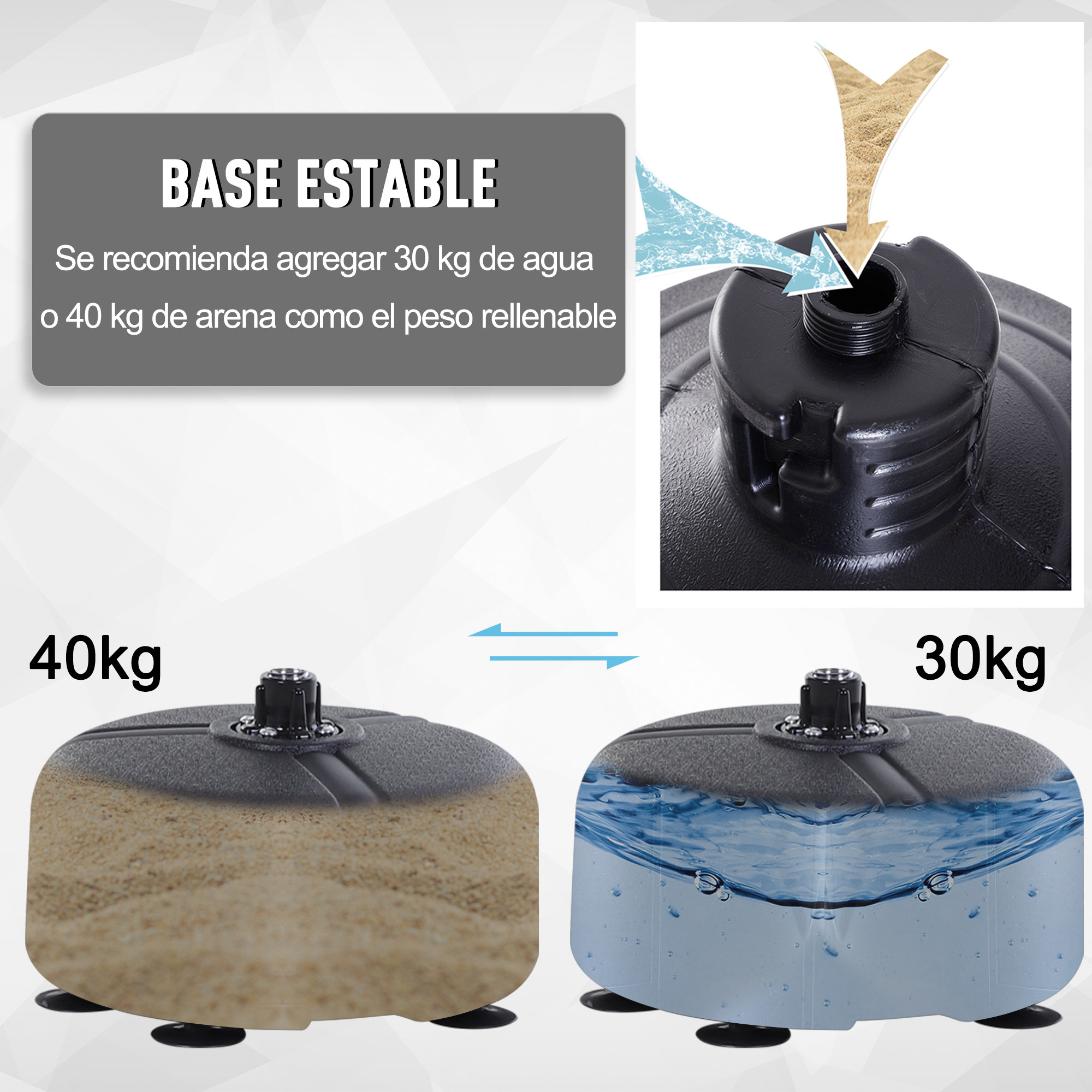 Imágenes que muestran una base de saco de boxeo negro. Una llena de arena, la otra de agua.