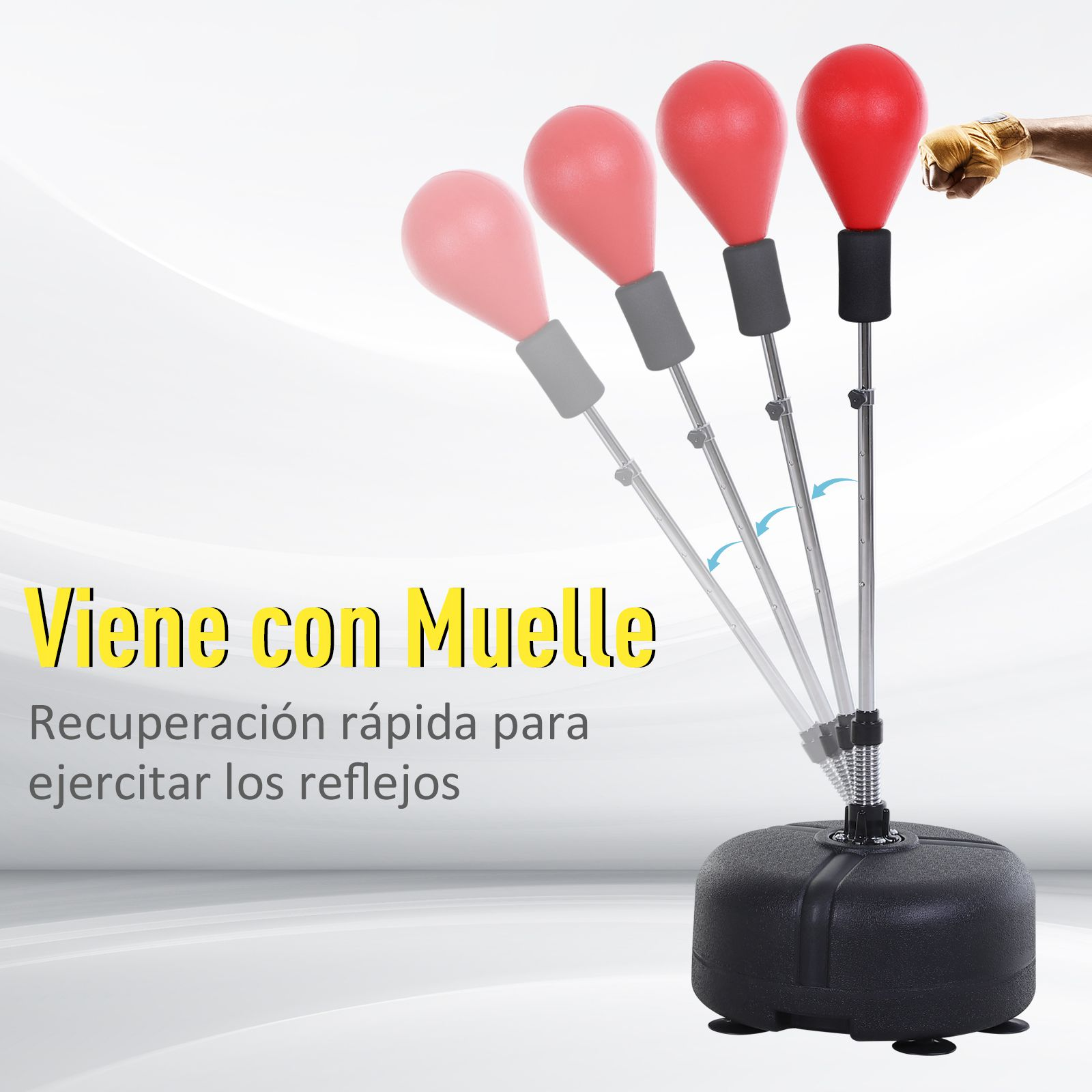 Saco de boxeo con cuatro sacos rojos en forma de pera y una base negra. Texto: Viene con muelle.