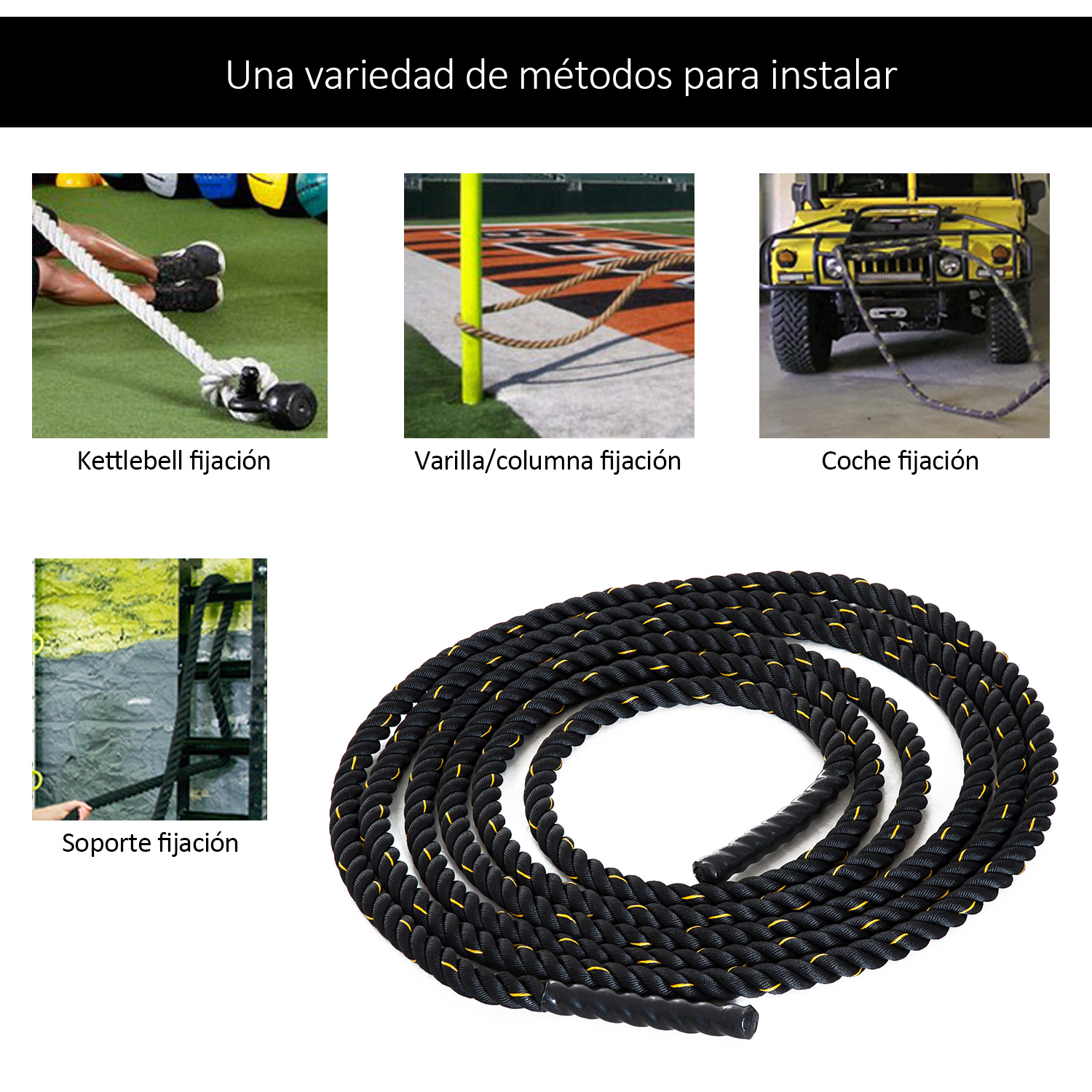 Varios métodos para instalar una cuerda de fitness negra.