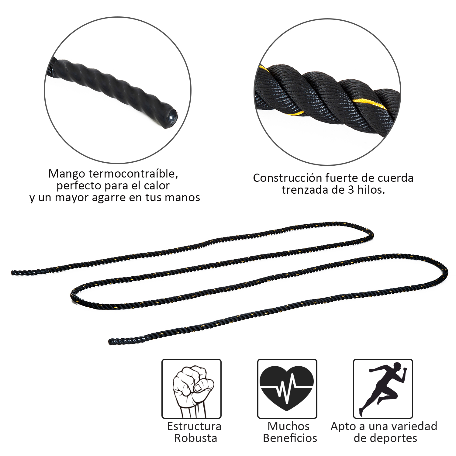 Cuerda de batalla negra con agarre texturizado y detalles, con iconos de ejercicio.