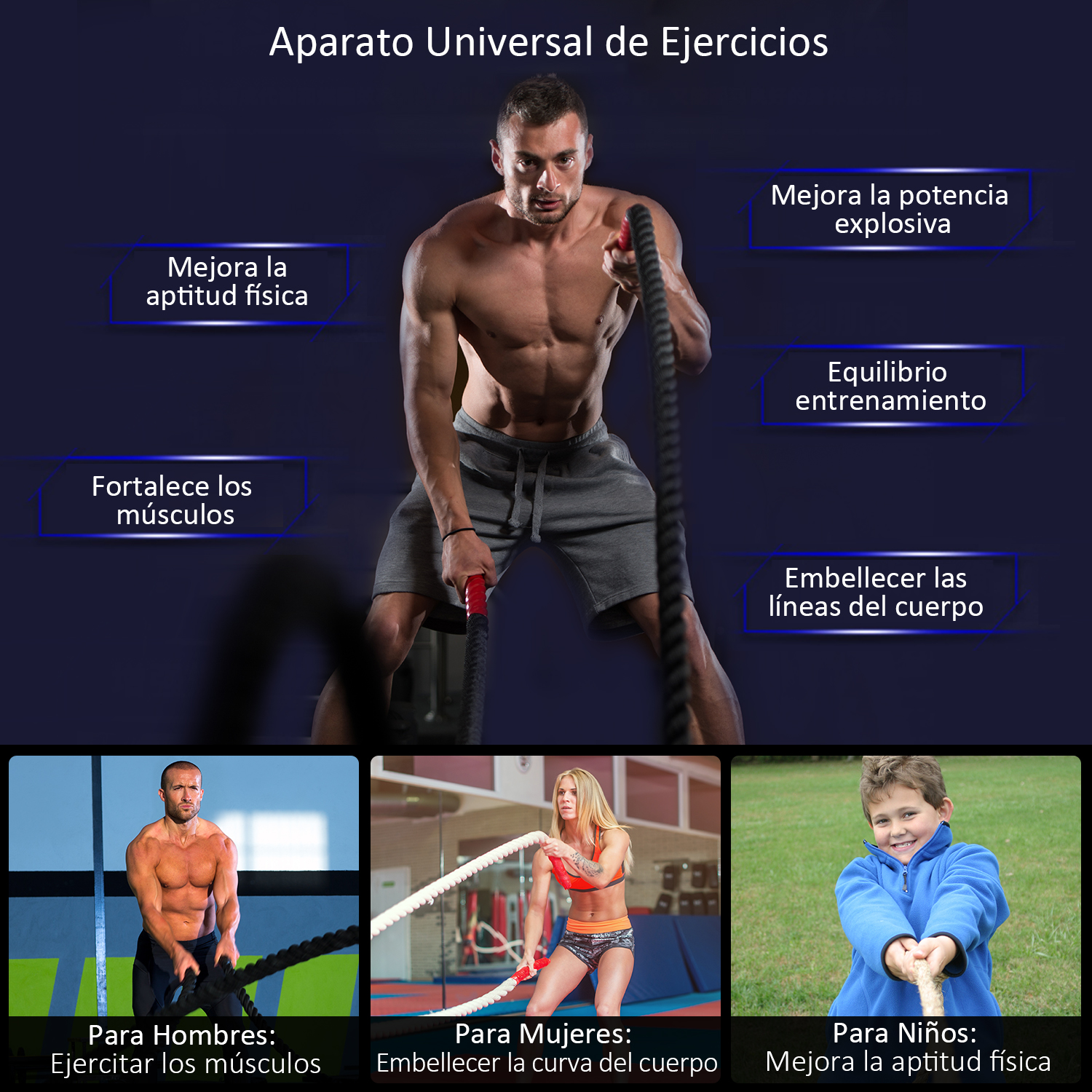 Hombre ejercitándose con cuerda, otras personas, etiquetas de texto.