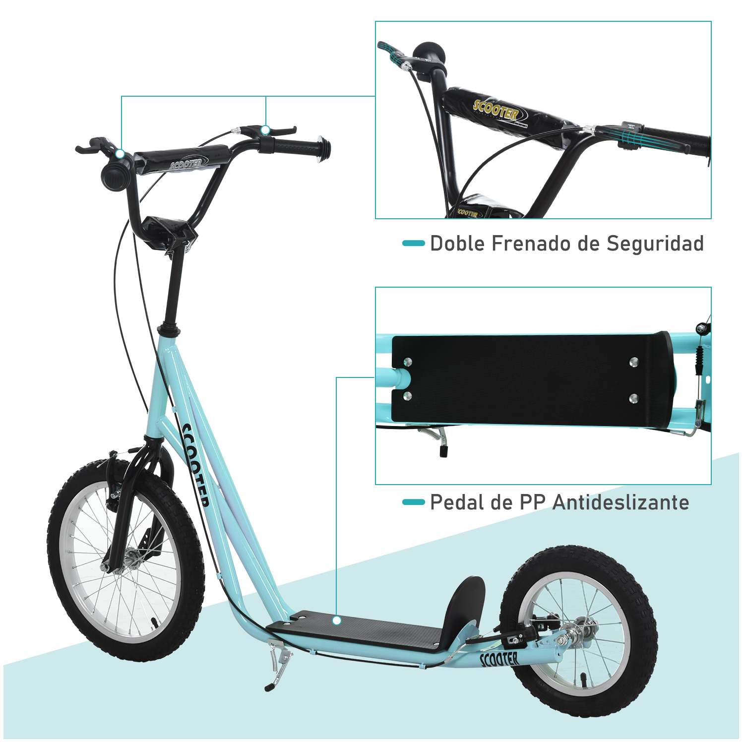 Un patinete azul con neumáticos negros. El patinete tiene características de seguridad etiquetadas en español.
