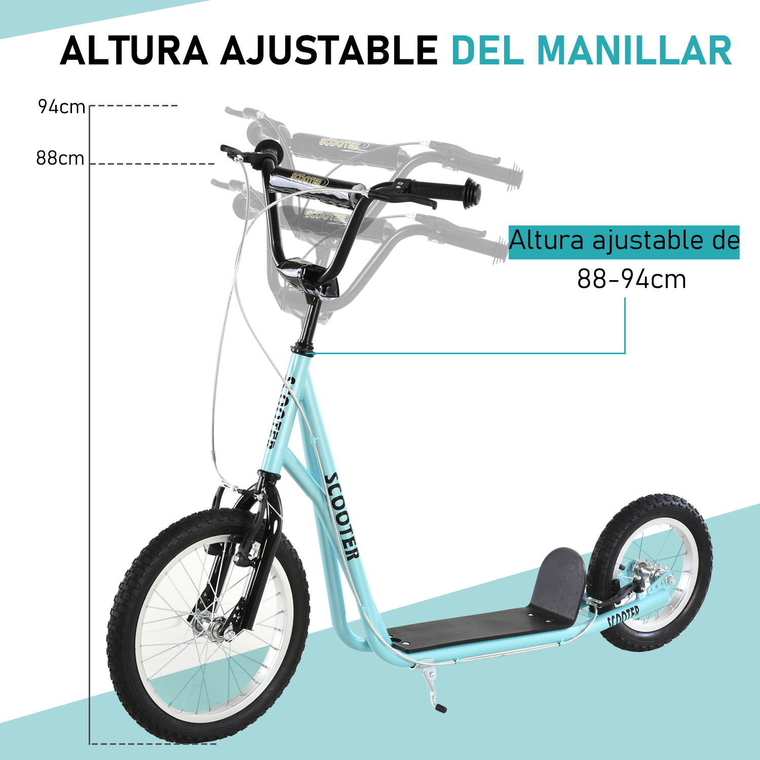 Scooter azul con manillar ajustable y dos ruedas, con medidas de altura.
