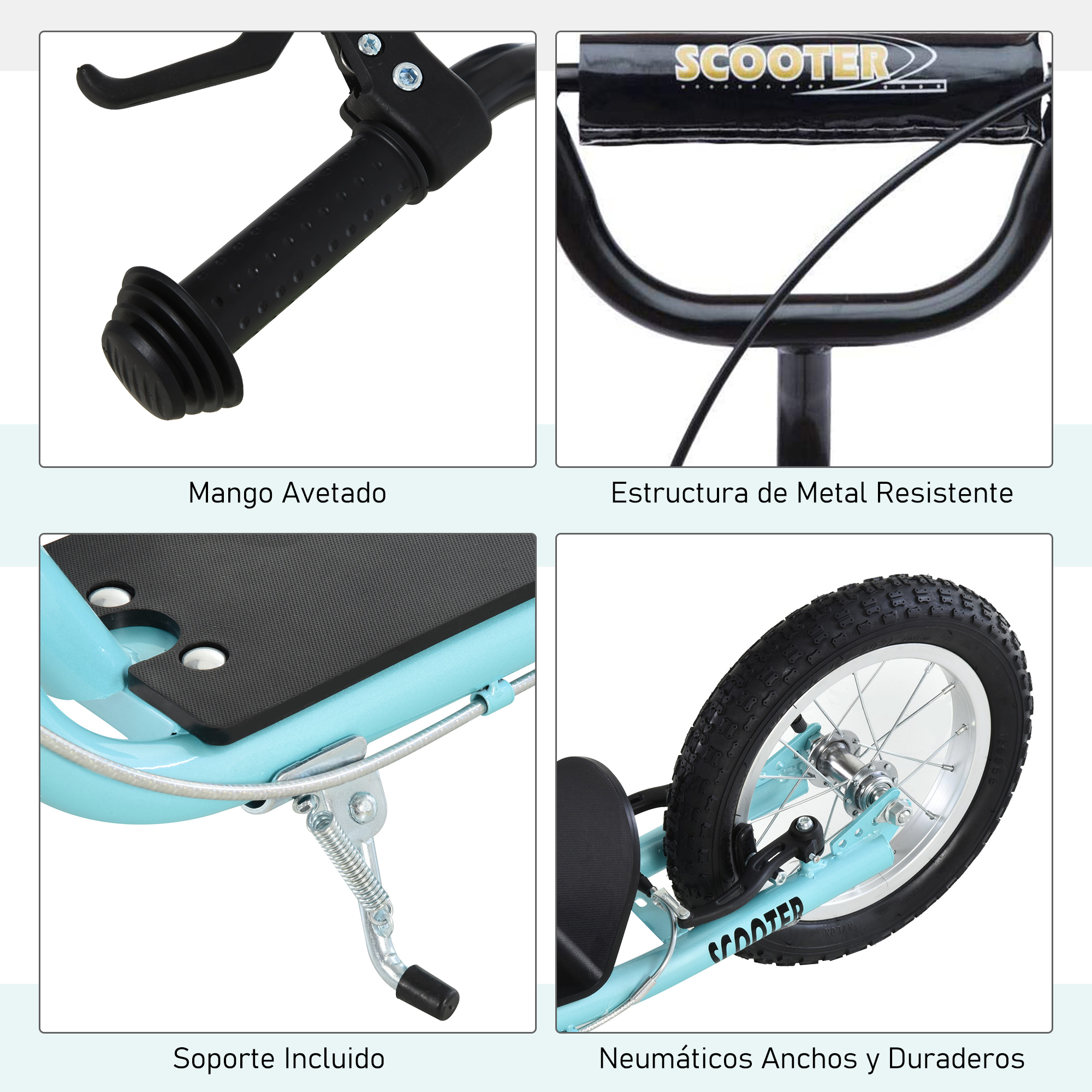 Primer plano de piezas de scooter azul: manillar, asiento, reposapiés y rueda trasera.