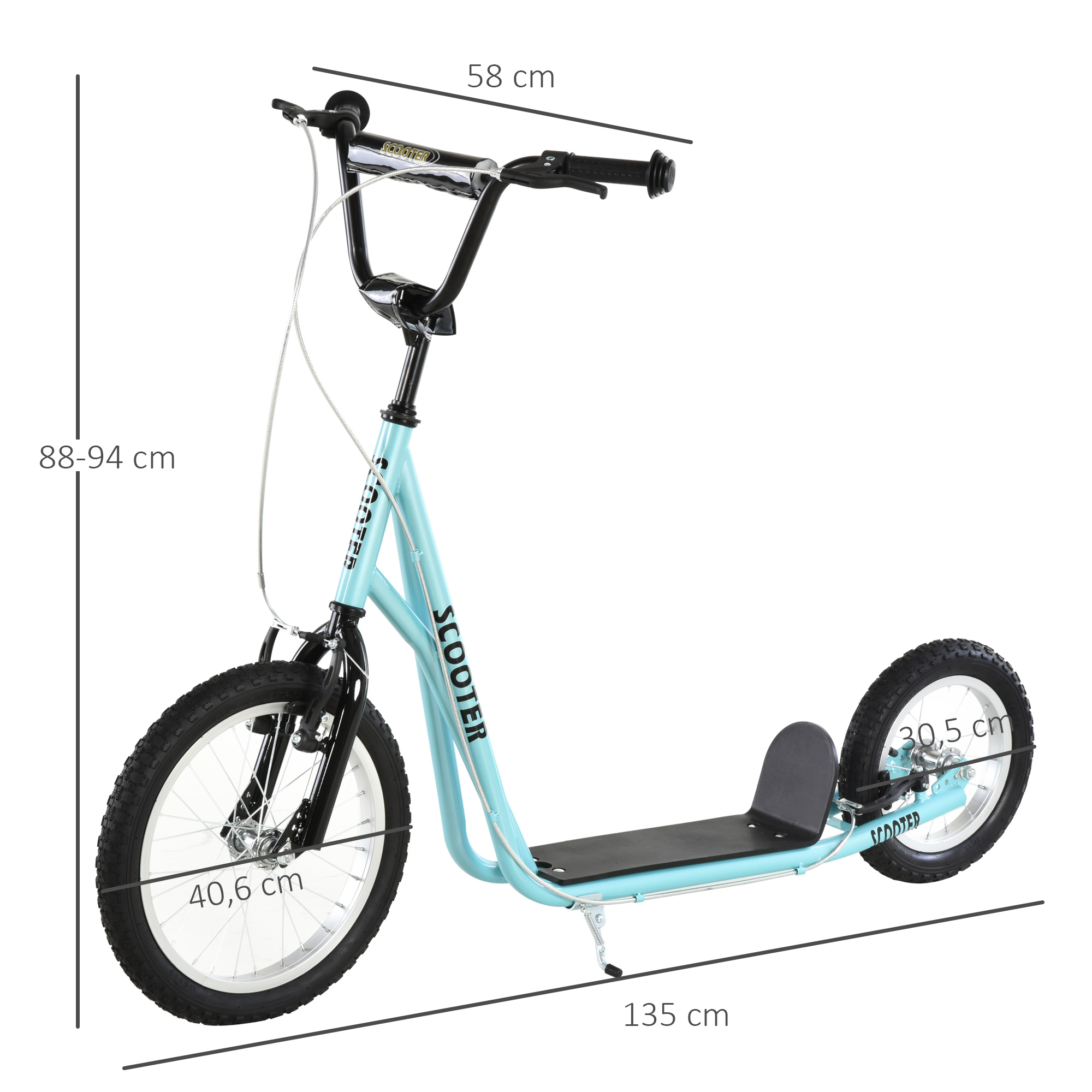 Un patinete azul claro con dimensiones en centímetros.