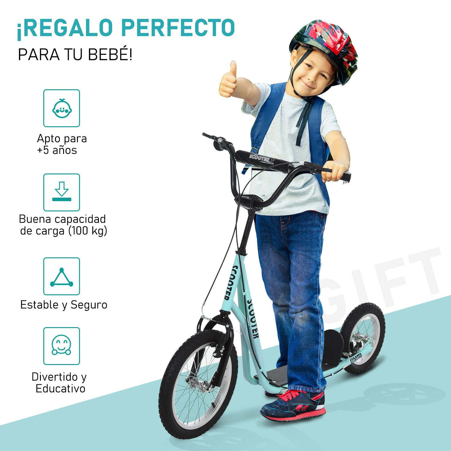 Un niño en un scooter, sonriendo y haciendo un gesto de aprobación, con texto de regalo cerca.