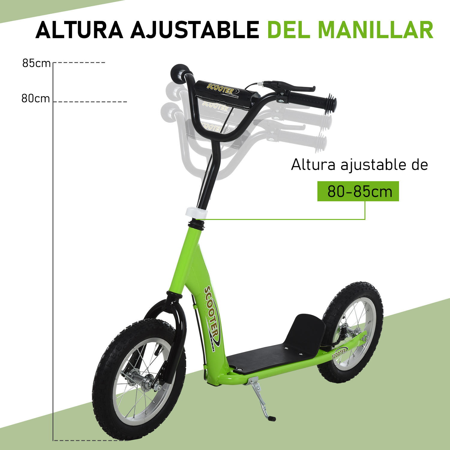 Scooter verde con manillar ajustable. Texto muestra ajuste altura entre 80-85 cm.