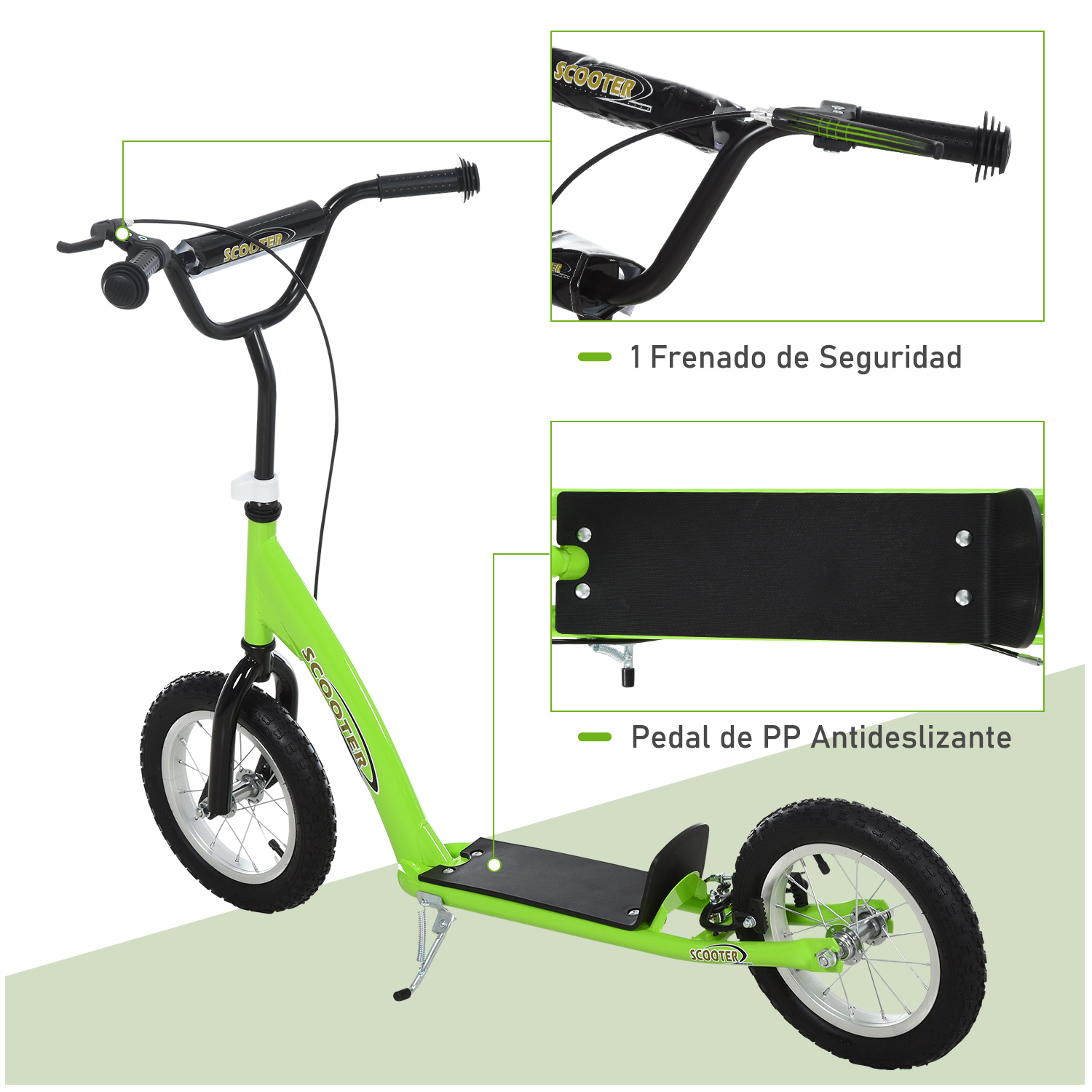 Scooter verde con freno de seguridad, pedal antideslizante y etiquetas detalladas de los componentes.