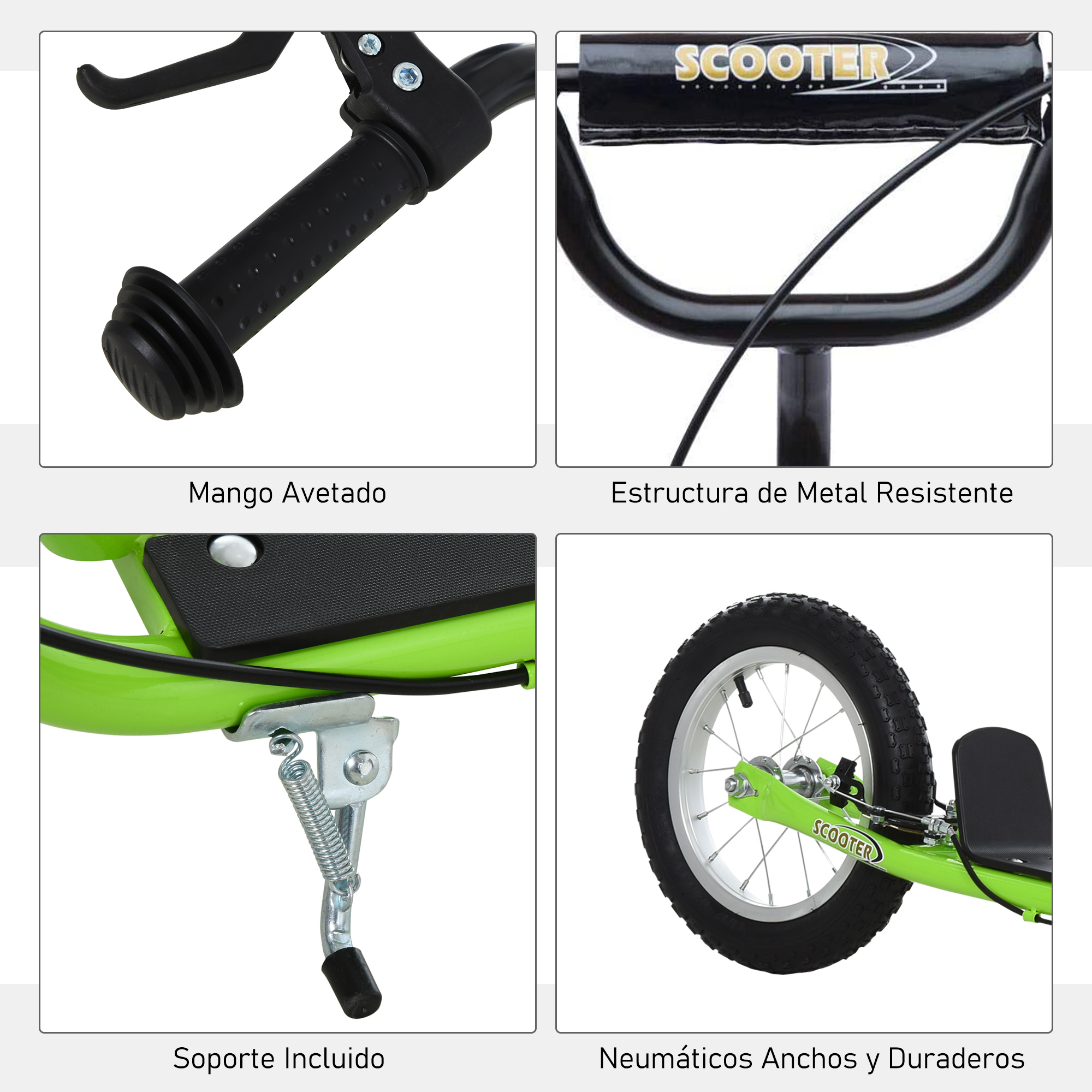 Primer plano de piezas de scooter verde: manillar, marco de metal, soporte y rueda.