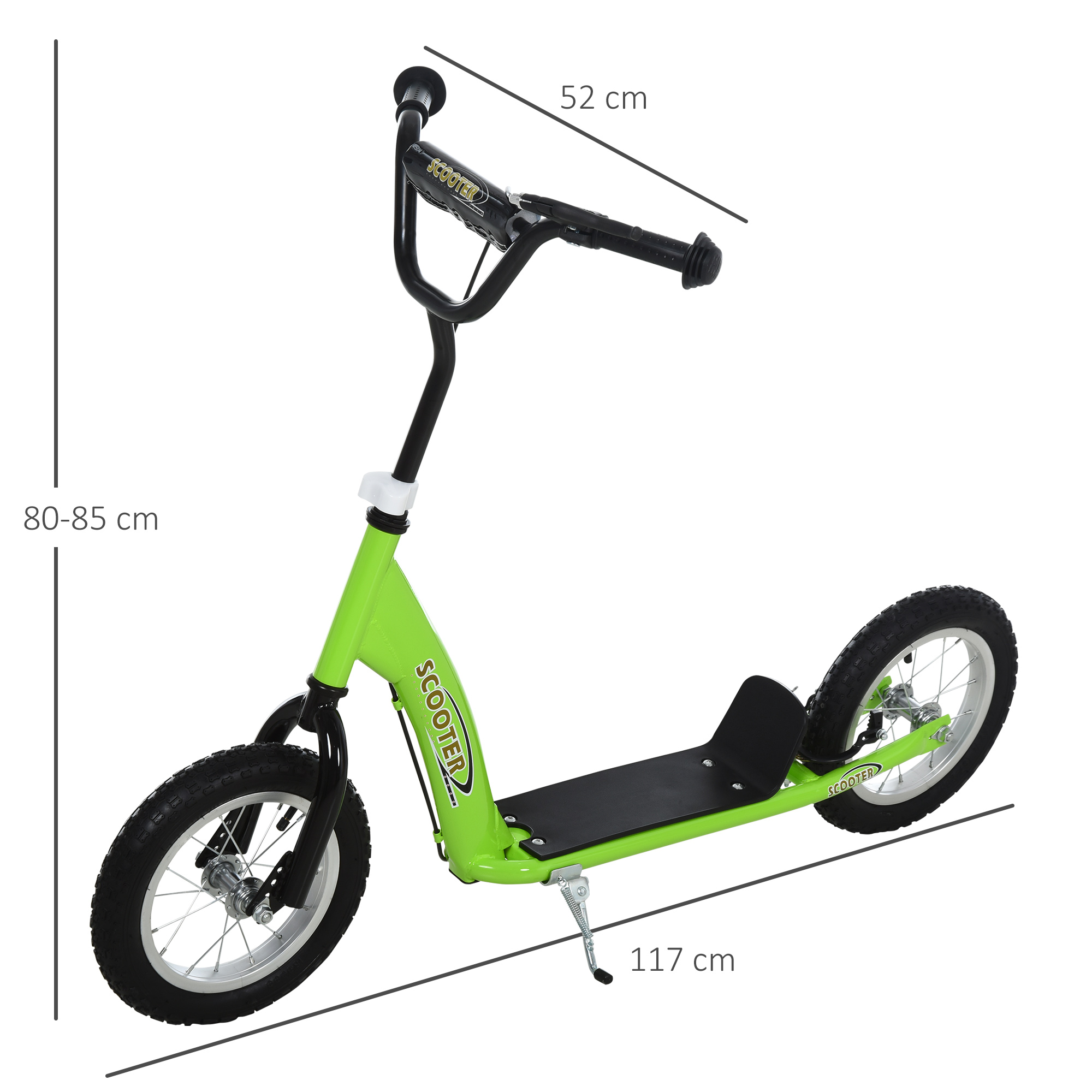 Patinete verde con ruedas y manillar negros. Se incluyen las medidas.