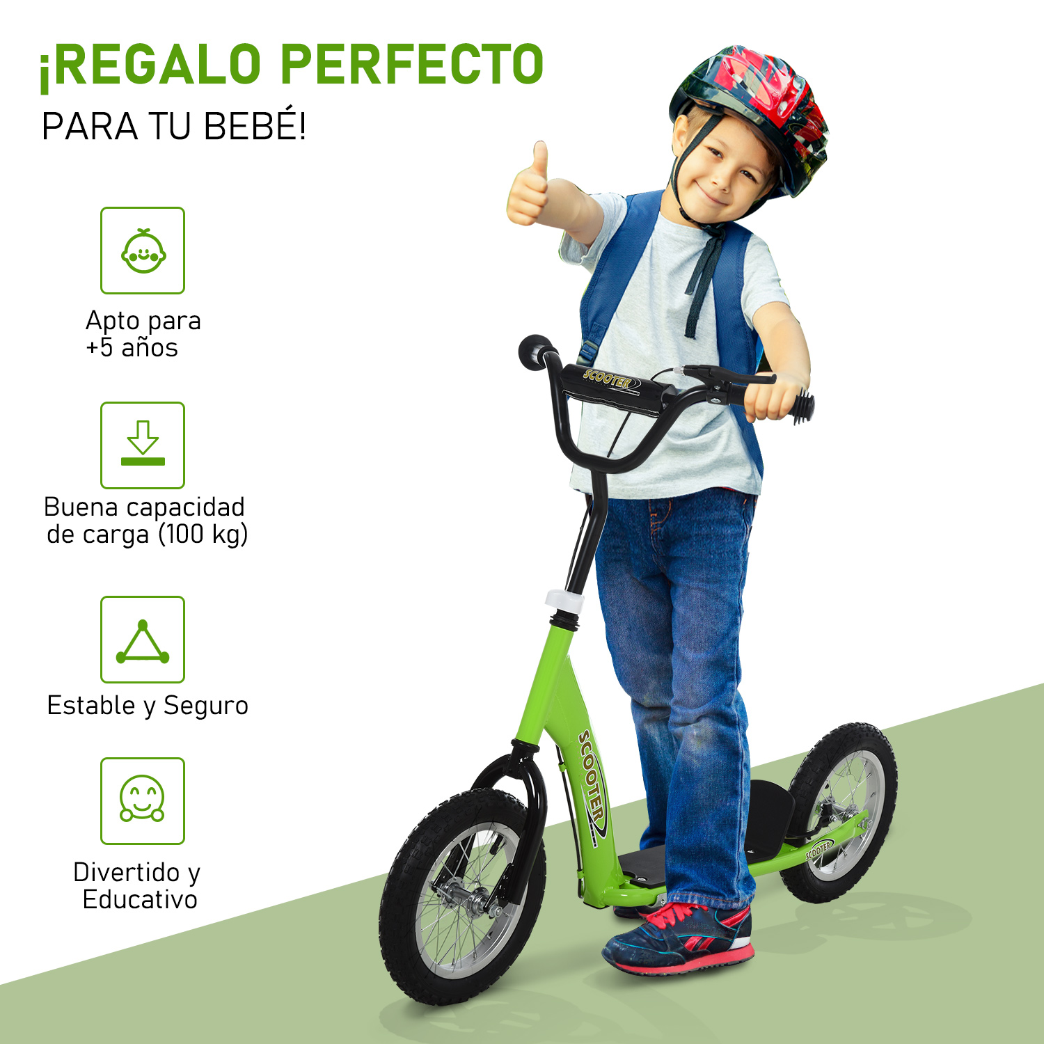 Un niño en un patinete verde, con casco. Texto: Regalo perfecto para tu bebé. Iconos plus.