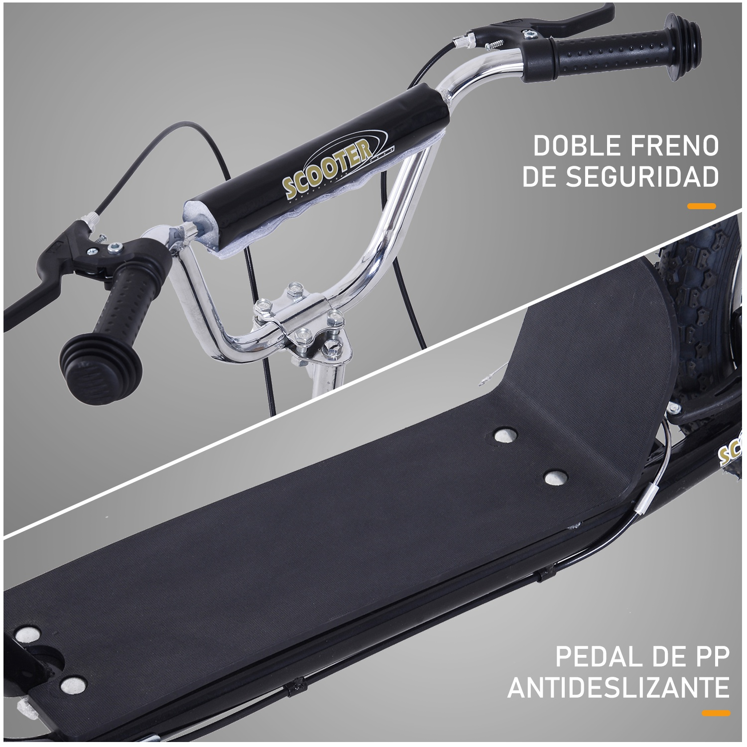 Primer plano de patinete con etiquetas de texto. Fondo blanco y negro.