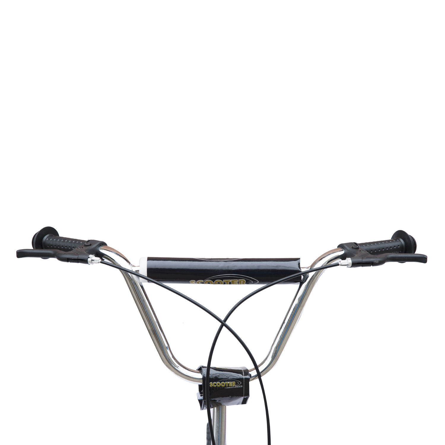 Manillar de scooter, empuñaduras negras, barra transversal negra con texto.