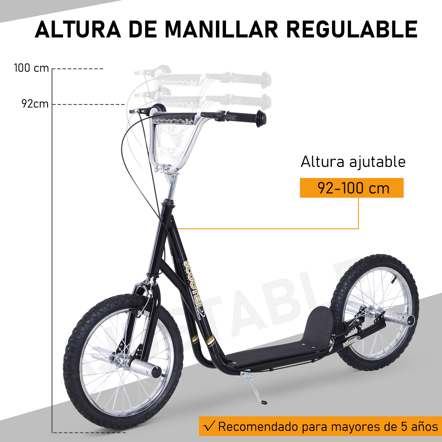 Scooter negro con ruedas grandes. El texto dice ALTURA DE MANILLAR REGULABLE. La altura es 92-100 cm.