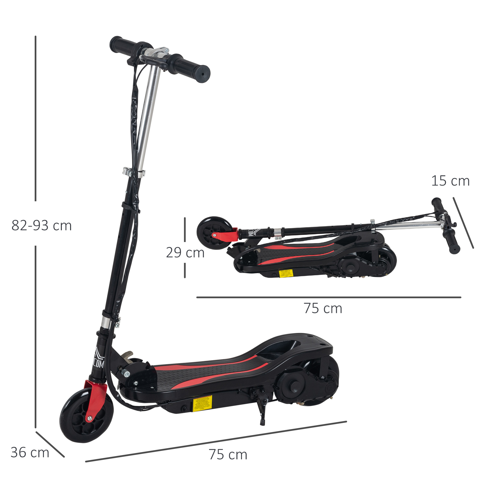 Scooter eléctrico, negro y rojo con dimensiones: 82-93cm, 75cm, 36cm y 15cm.