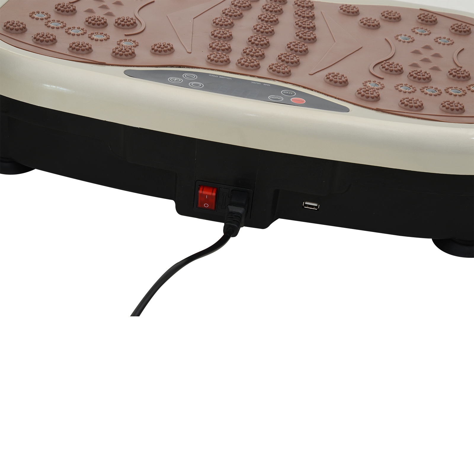 Primer plano de una plataforma de ejercicios vibratoria con botón de encendido y cable.