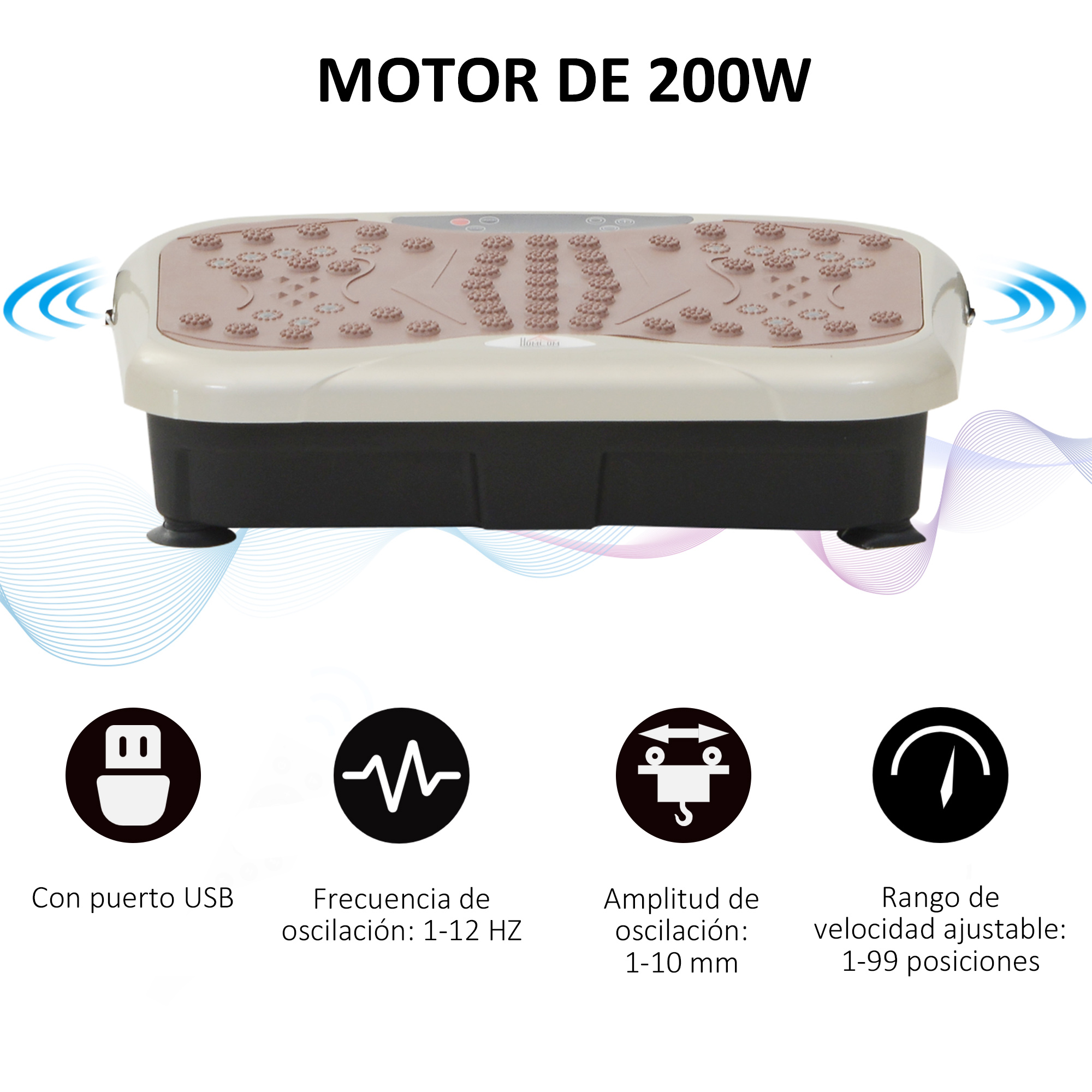Una máquina vibratoria beige y negra con diferentes iconos, incluido un puerto USB y velocidad ajustable.