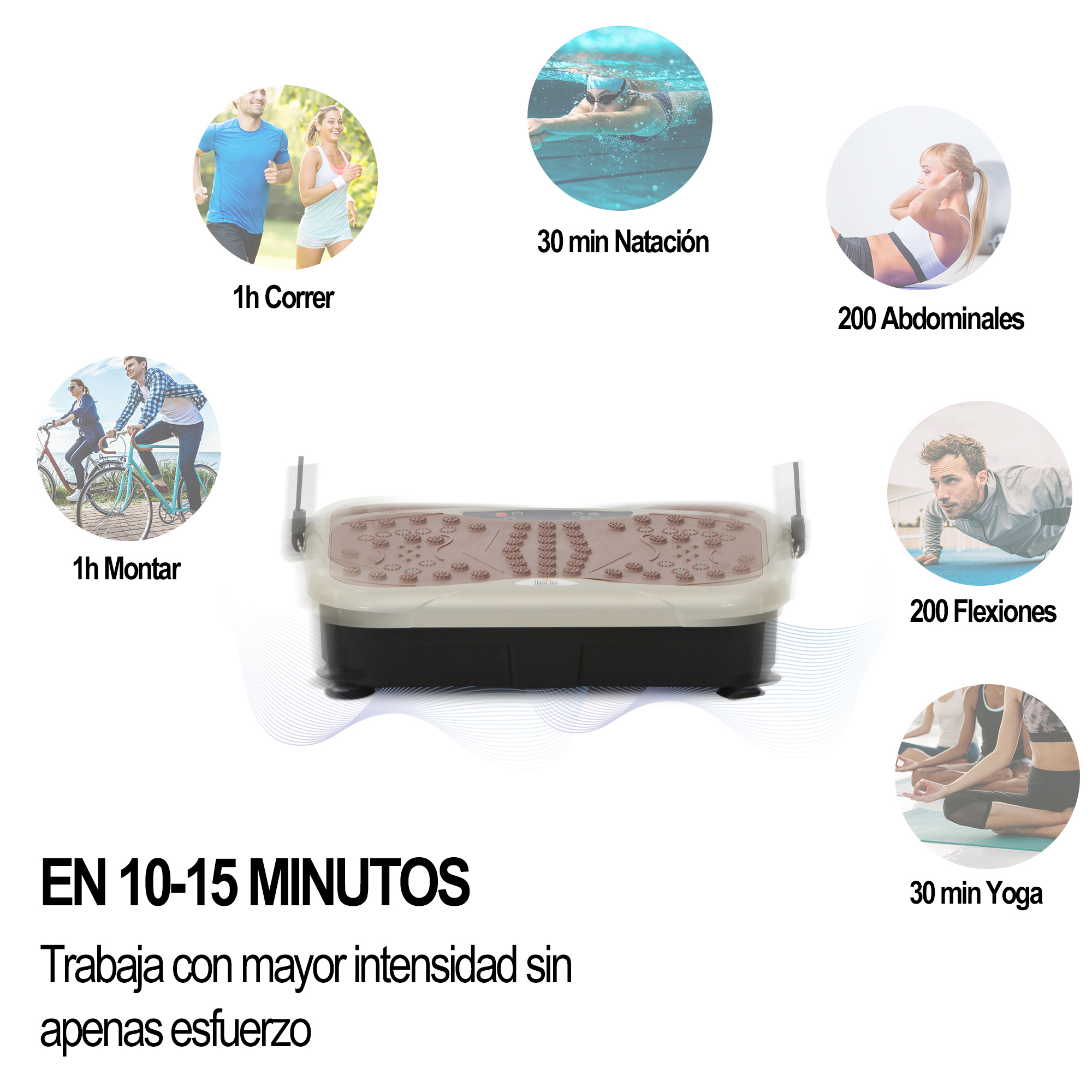 Una placa vibratoria rodeada de iconos de ejercicio, sugiriendo una rutina de fitness.