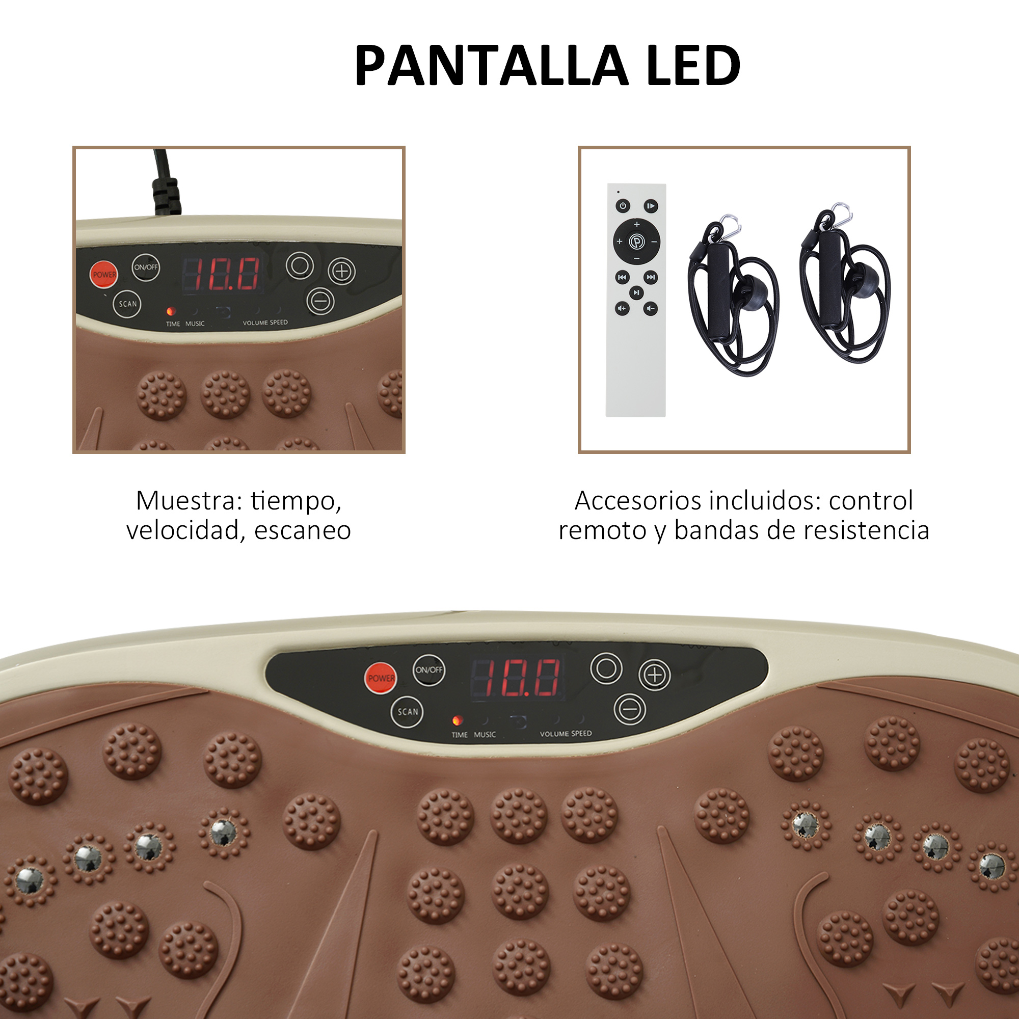 Primer plano de una máquina de plataforma vibratoria con pantalla LED y accesorios. Fondo marrón.