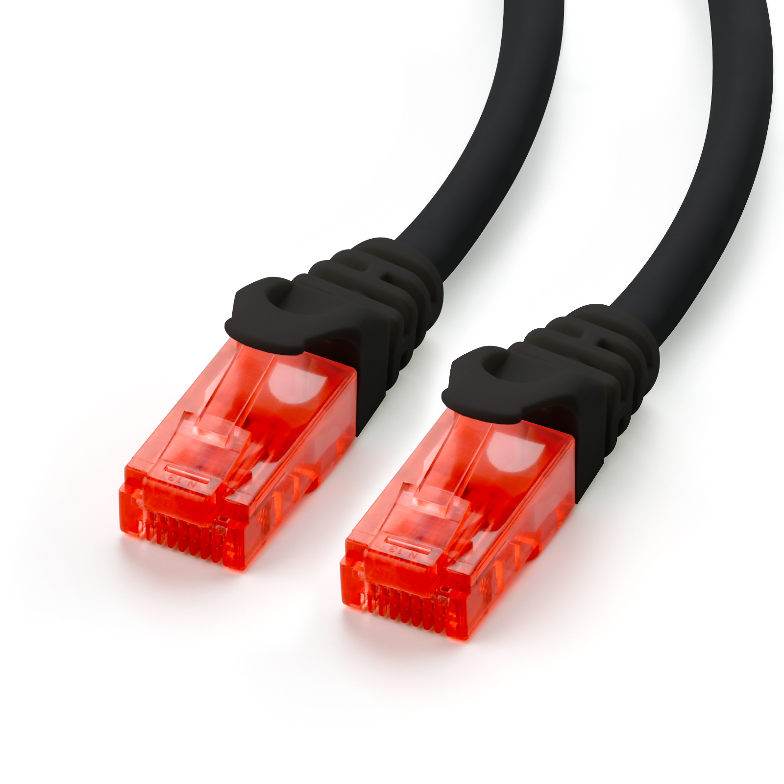 Zwei schwarze Ethernet-Kabel mit roten Steckern.