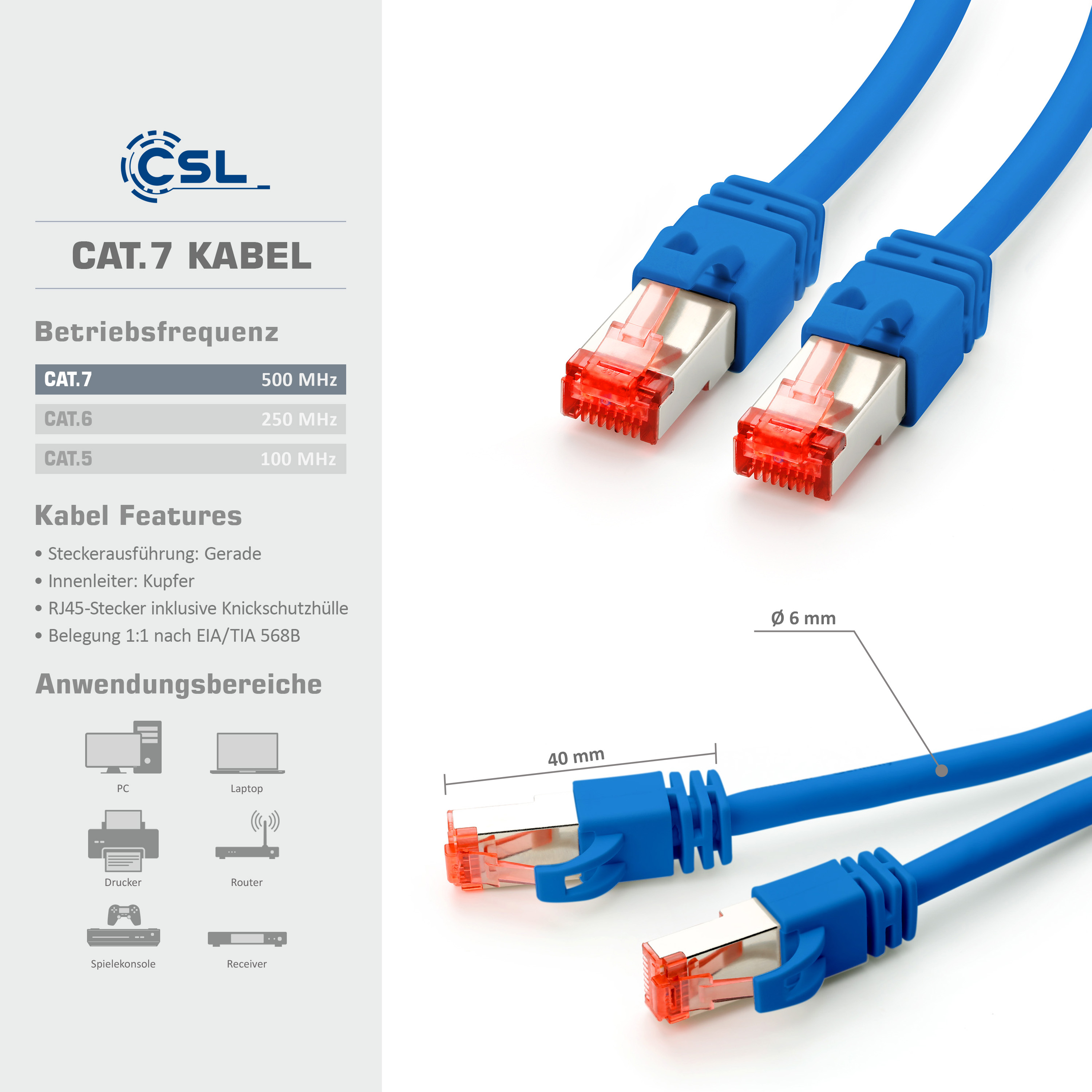 Nahaufnahme von blauen und roten CAT.7-Netzwerkkabeln mit Steckern. Spezifikationen und Anwendungen werden ebenfalls gezeigt.