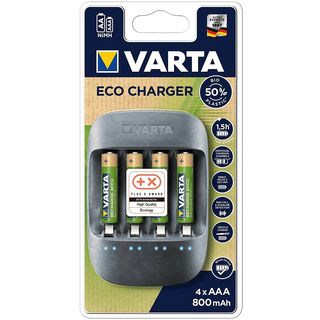 Cargador de pilas - VARTA Cargador ECO pilas recargables AA / AAA (Incluye 4 pilas recargables AAA Recycled 800mAh), Gris