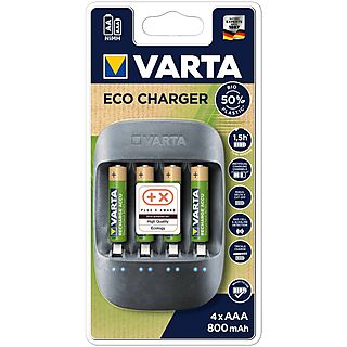 Cargador de pilas - VARTA Cargador ECO pilas recargables AA / AAA (Incluye 4 pilas recargables AAA Recycled 800mAh), Gris