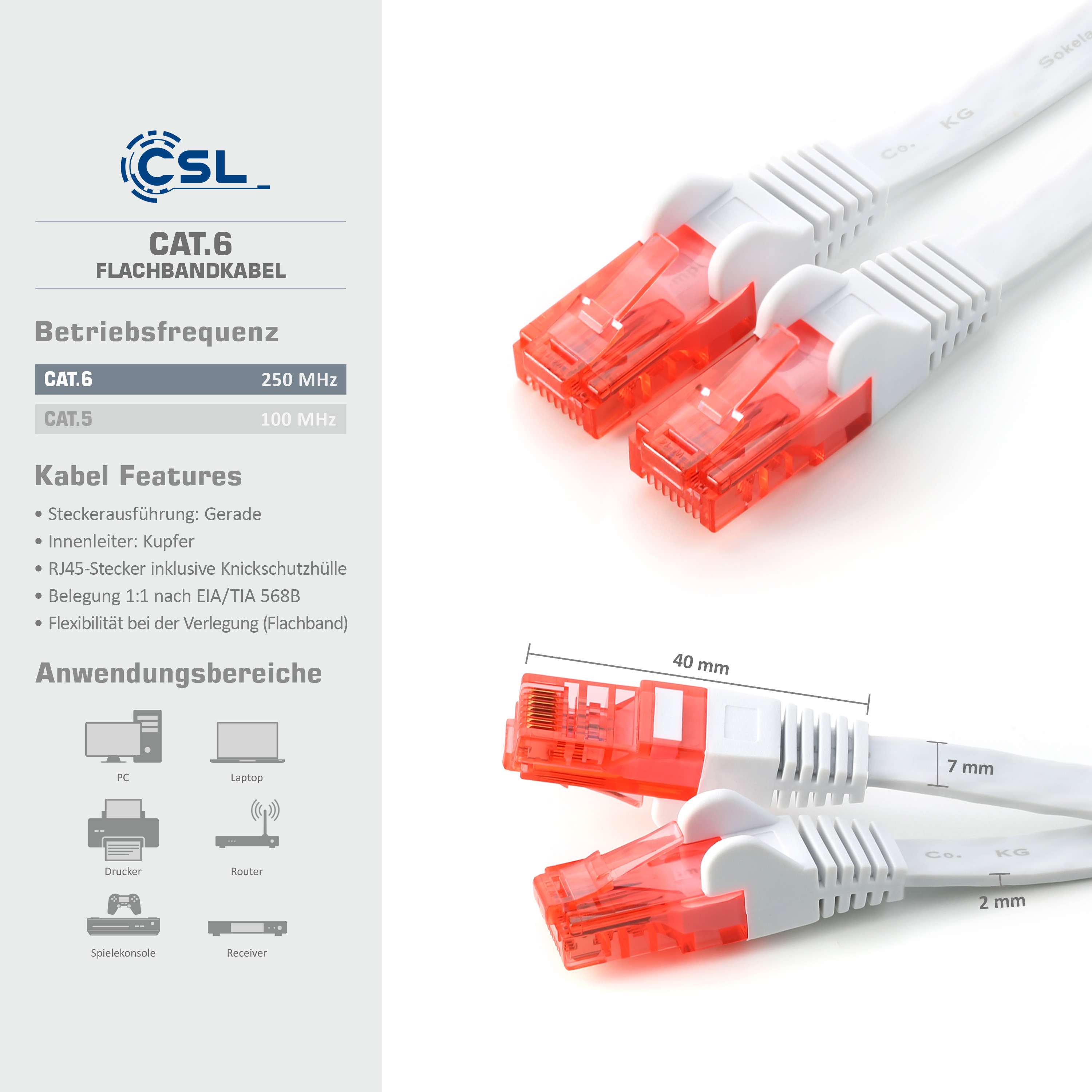 Ein weißes Netzwerkkabel und etwas Text auf weißem und gelbem Hintergrund. Einige Abmessungen sind sichtbar.