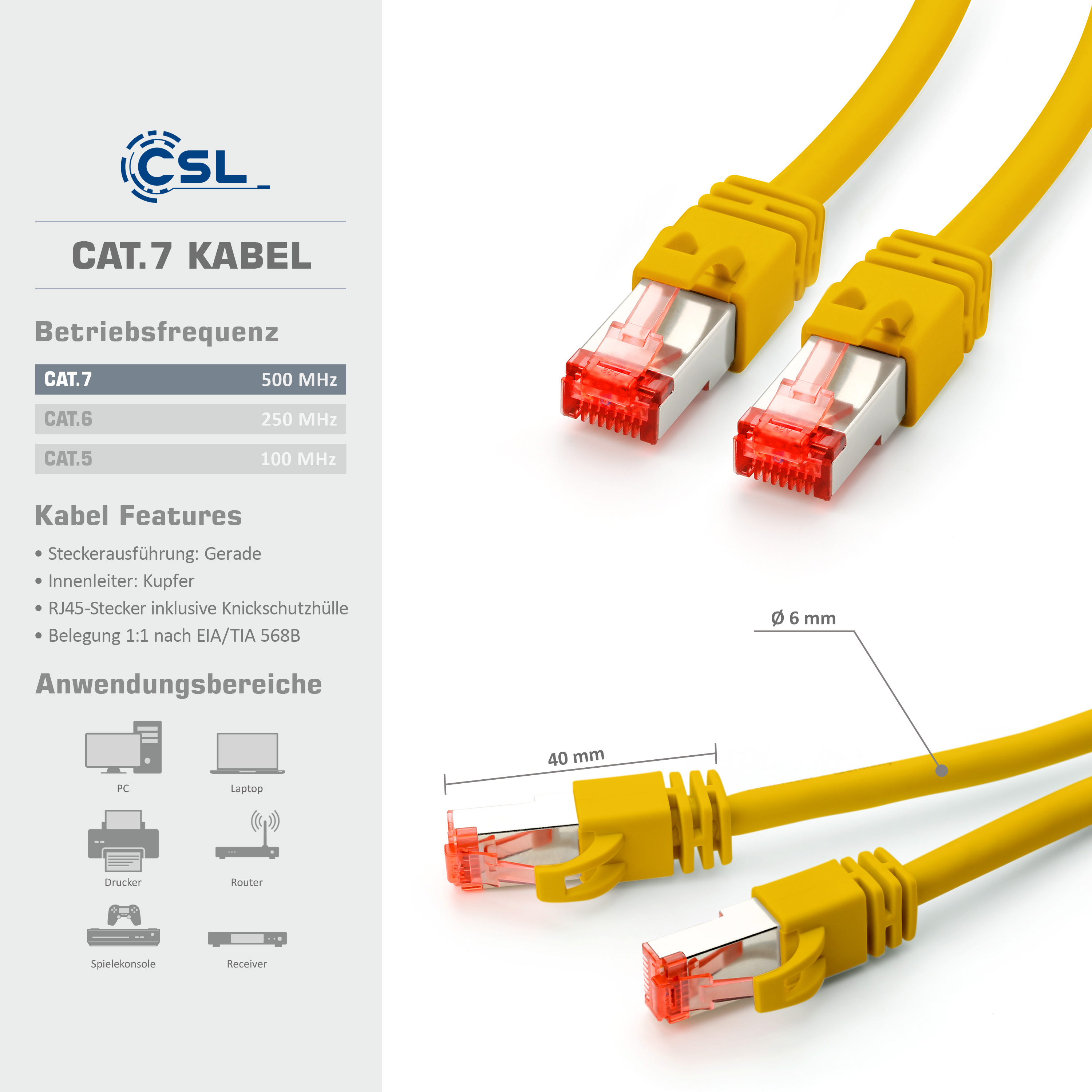 Gelbe Netzwerkkabel mit roten Steckern und technischen Spezifikationen auf Deutsch.