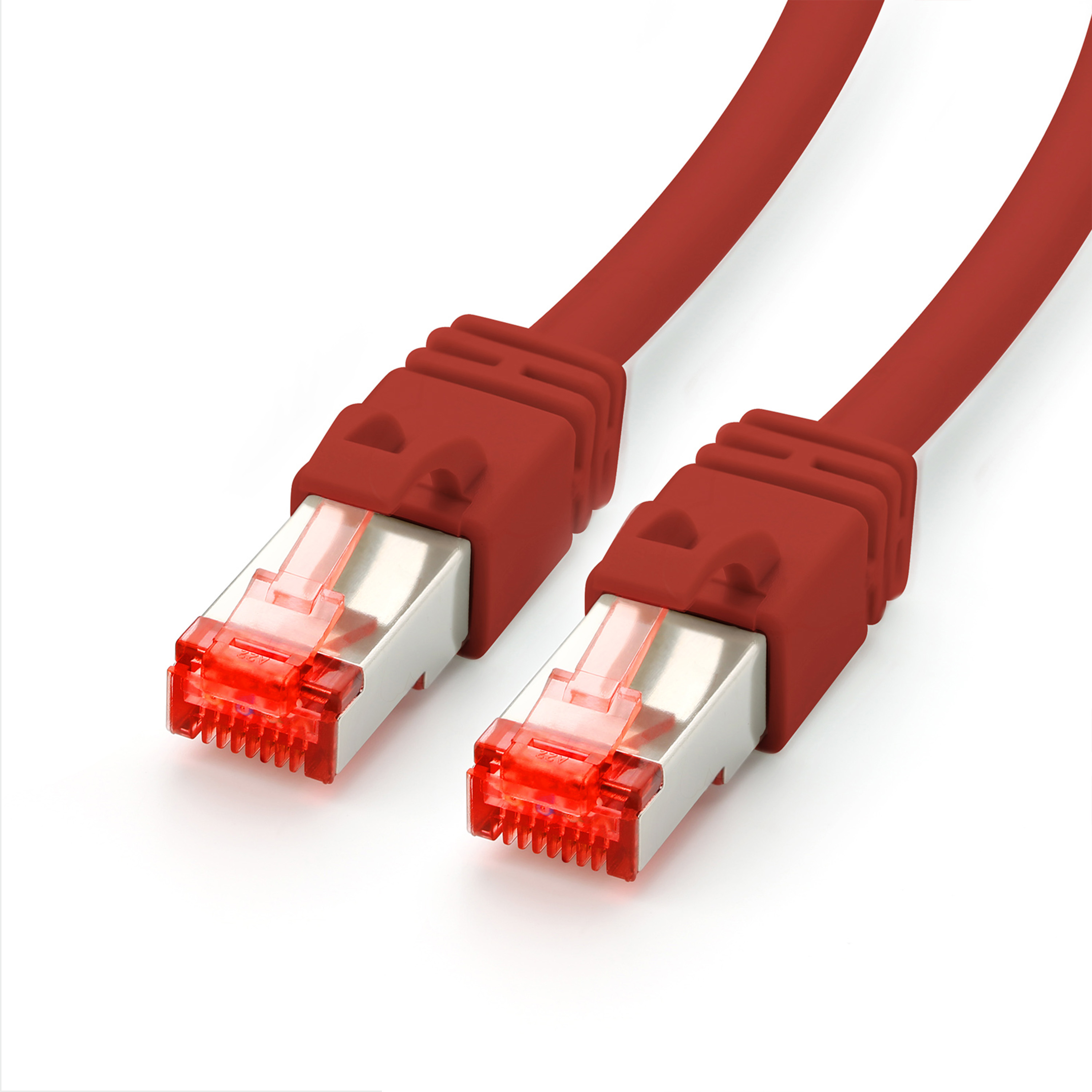 Rotes Netzwerkkabel mit roten Steckern auf weißem Grund.