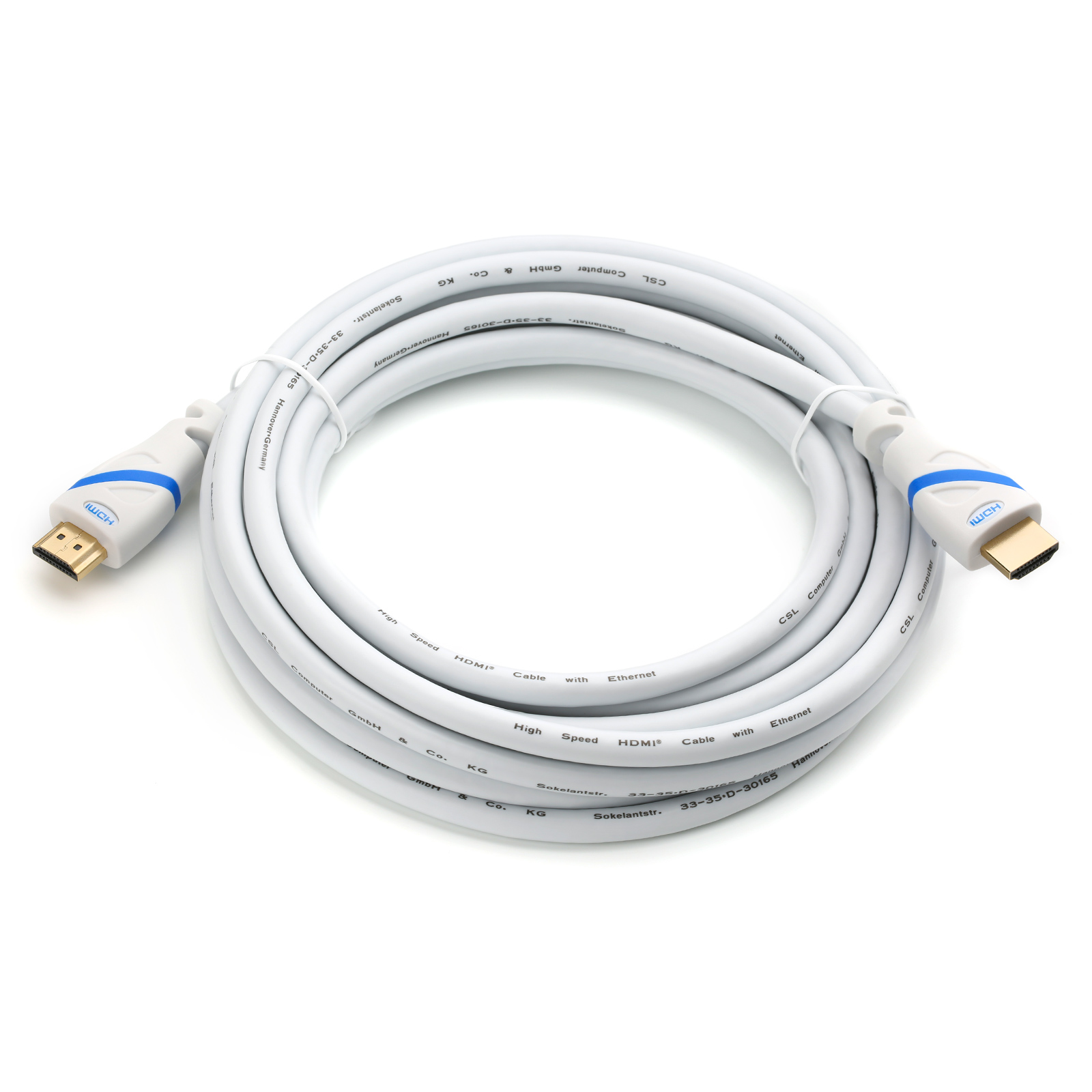 Weißes HDMI-Kabel mit Anschlüssen, blauen Akzenten, auf weißer Oberfläche.
